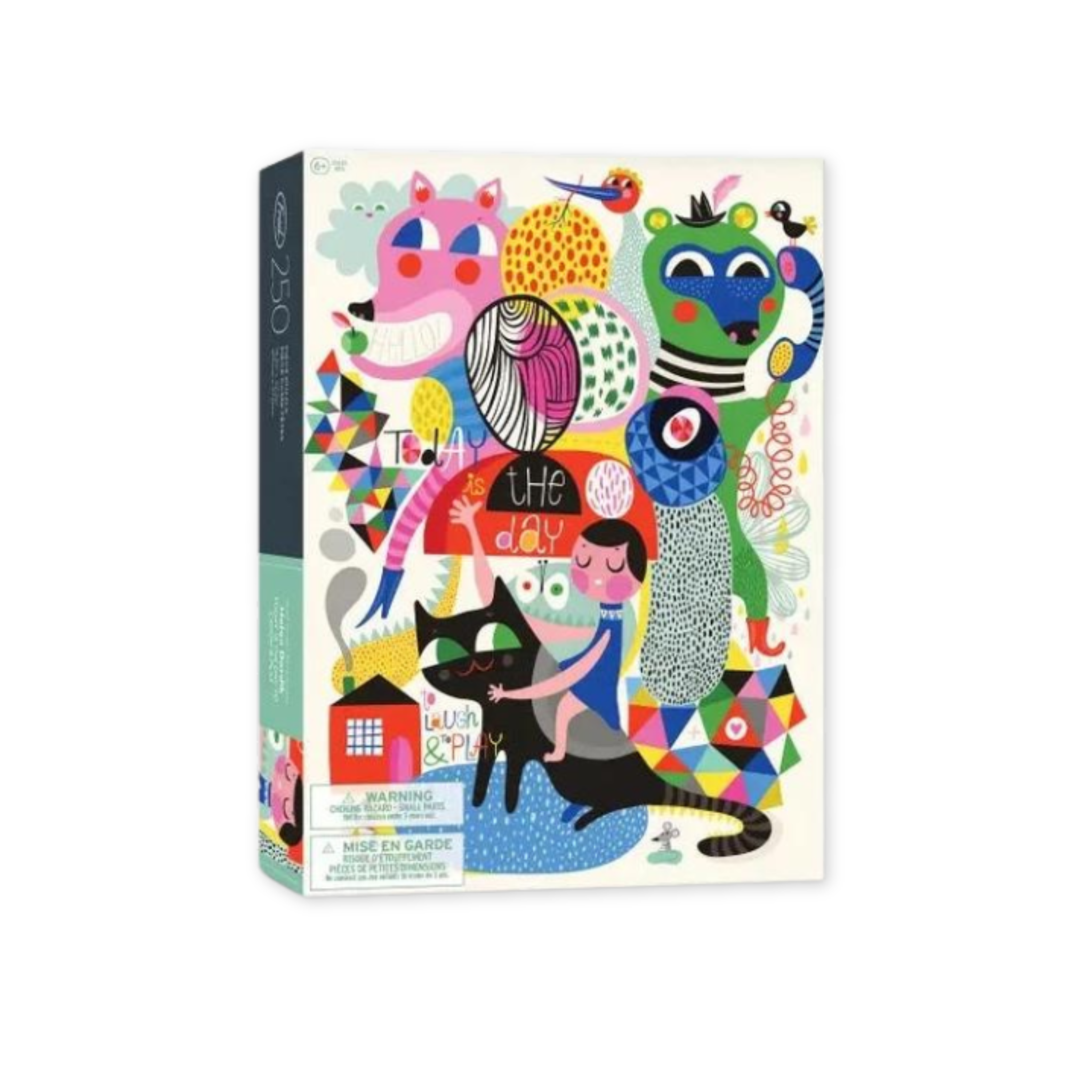 two hundred fifty piece puzzle featuring cartoon inspired characters in bright geometric designs