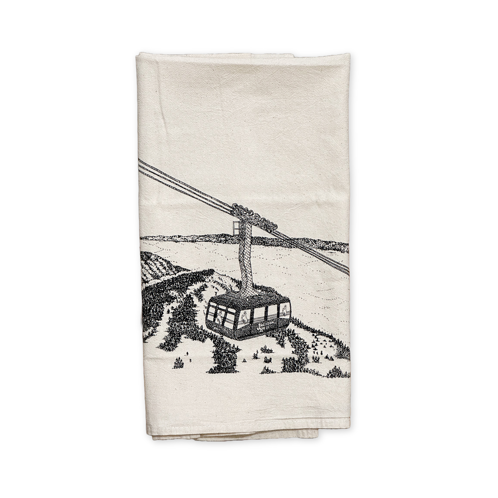 flour sack cotton tea towel featuring a screen printed jackson hole tram design