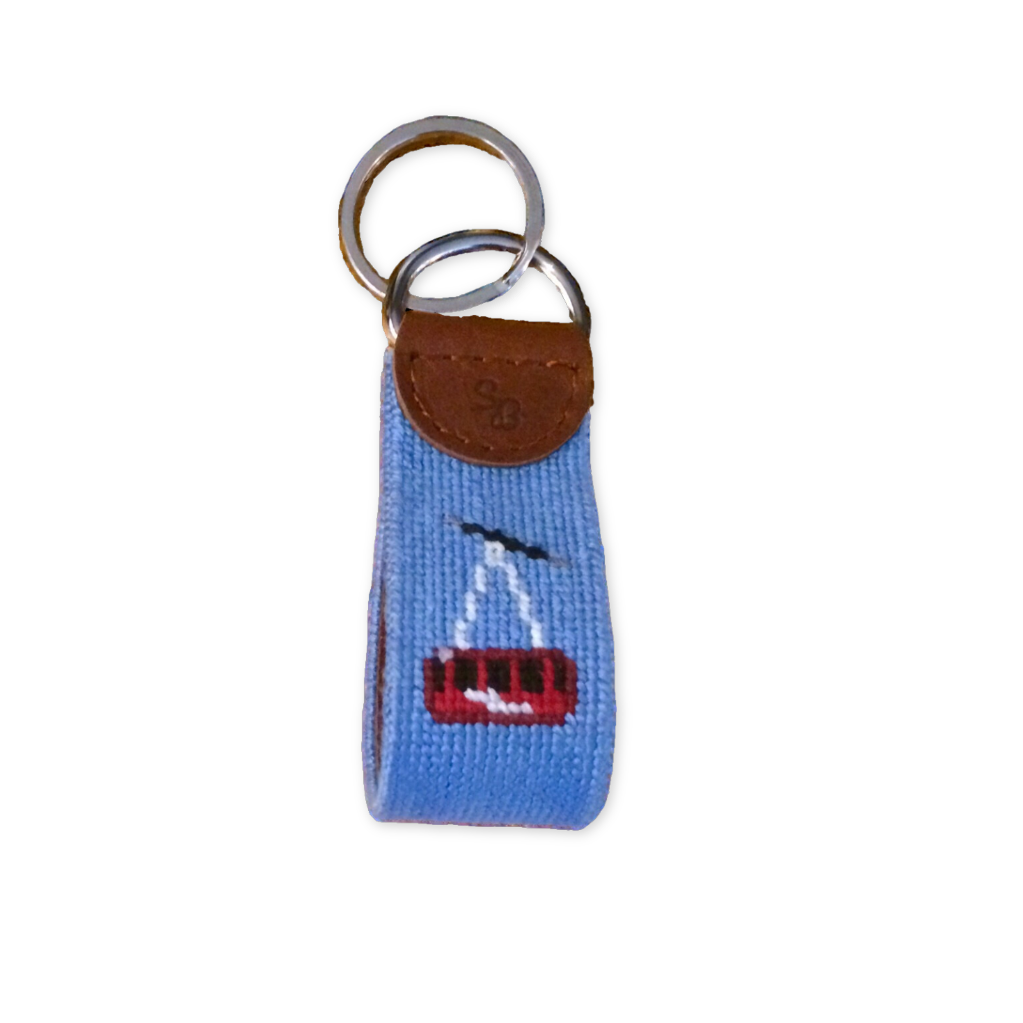 hand stitched needlepoint key fob with tram design