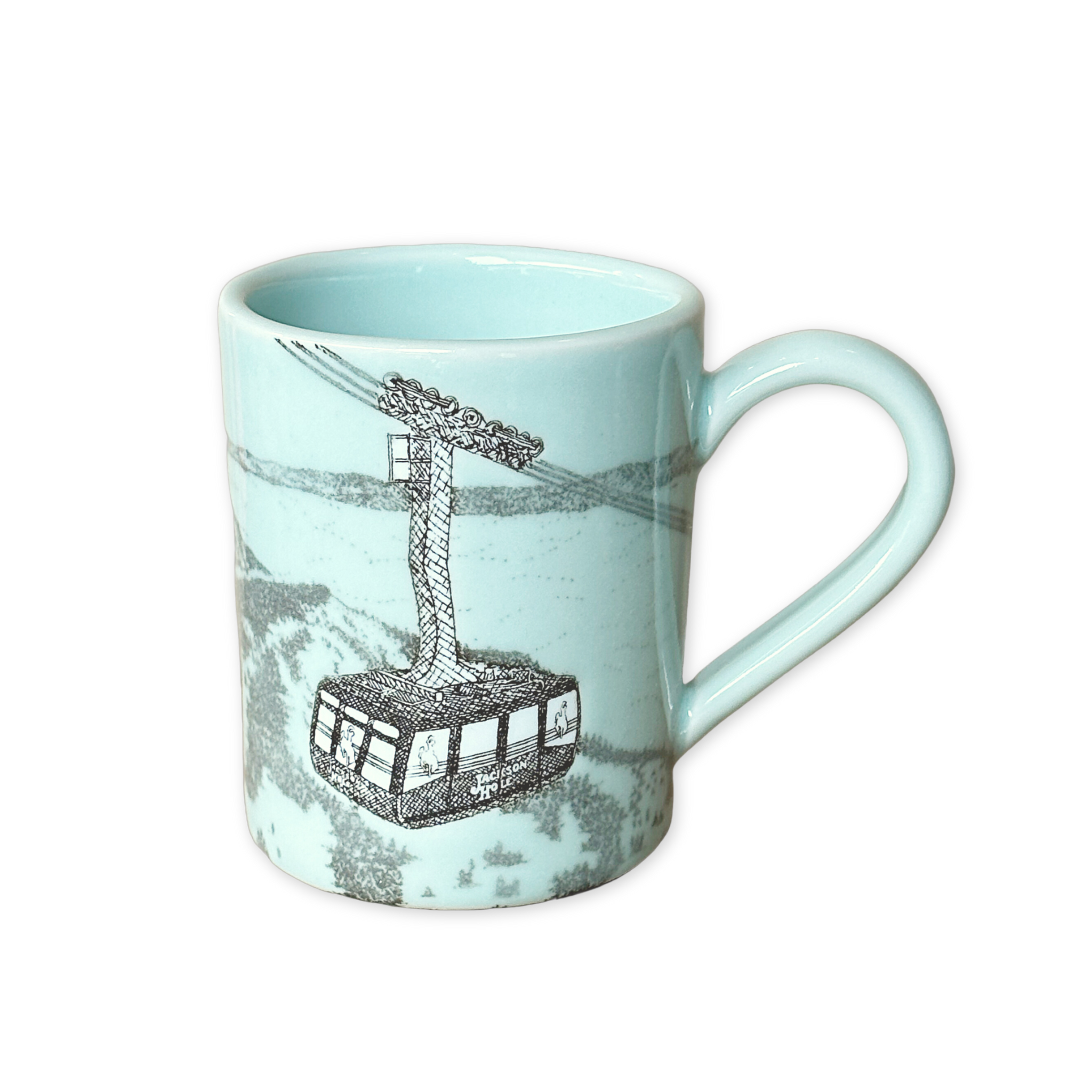 ceramic mug with a hand drawn image of the tram