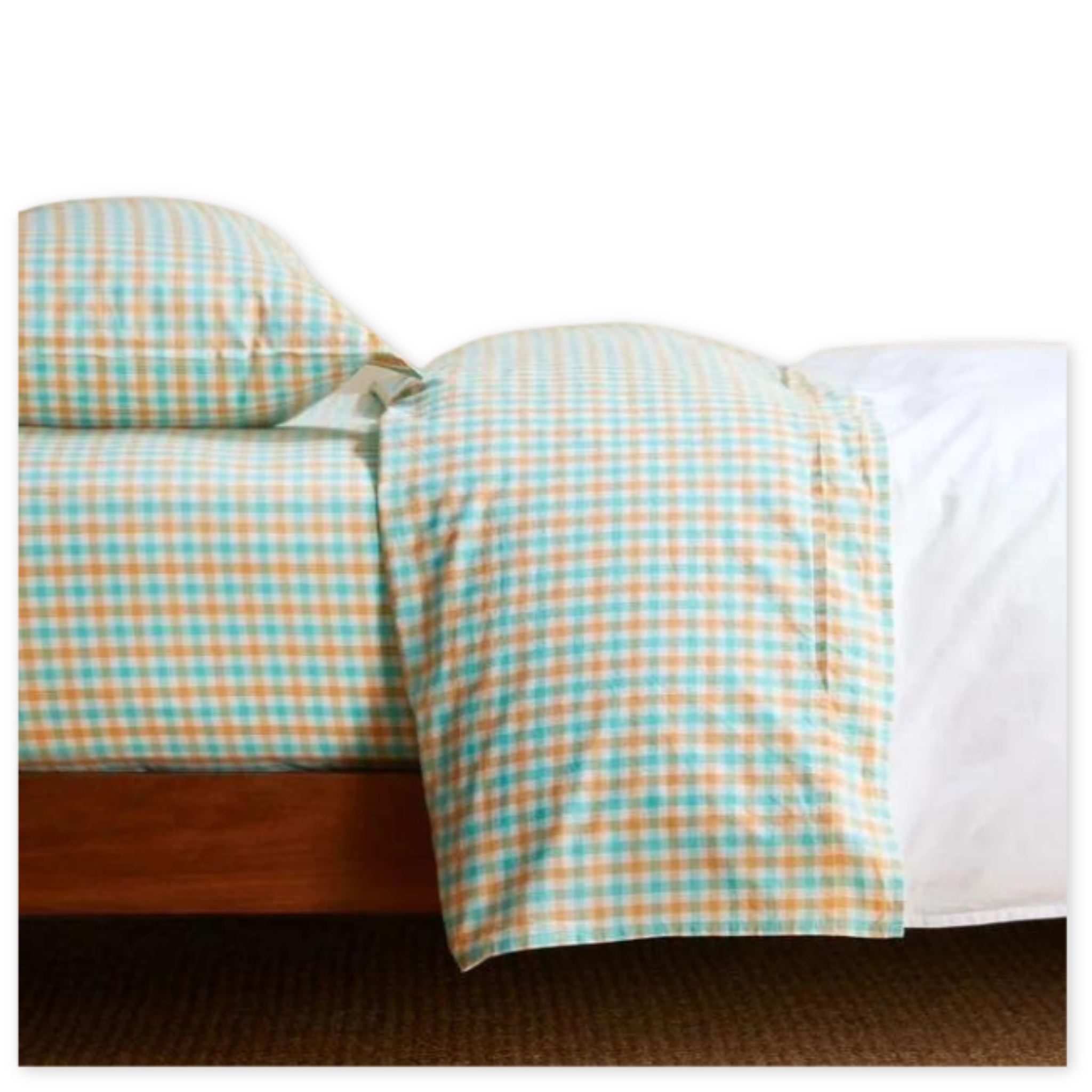 turquoise and gold checkered cotton bed sheet set