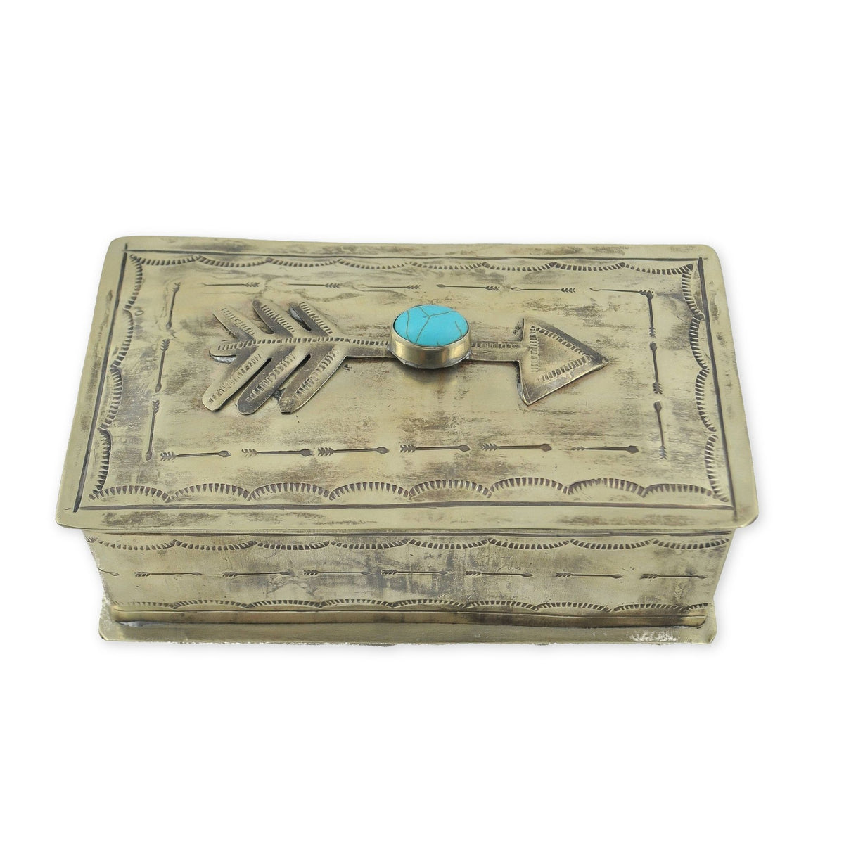 Turquoise Arrow Small Box, hand-tooled nickel silver by J. Alexander Rustic Silver, M Jackson Hole, Wyoming