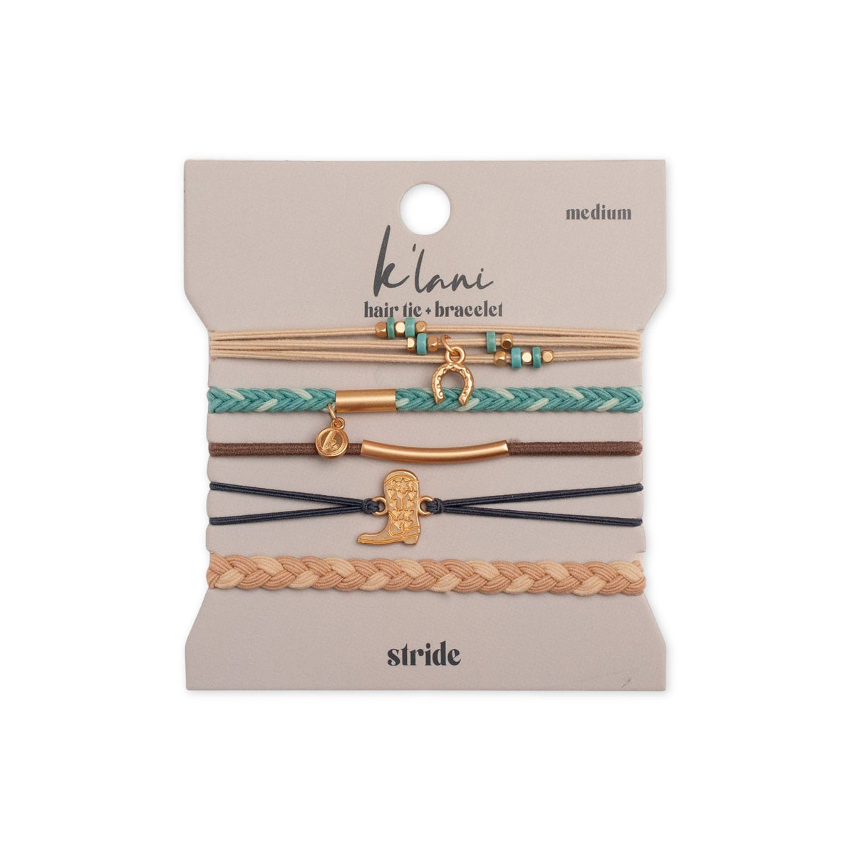 K'lani hair tie bracelets with Cowgirl boot and horseshoe charms.