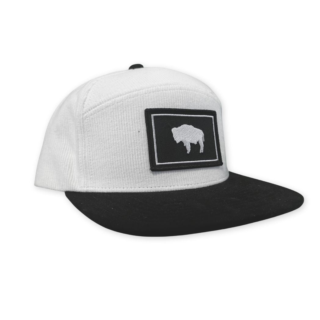 Two Tone Corduroy Hat that includes a Wyoming Flag Patch in Black and White.