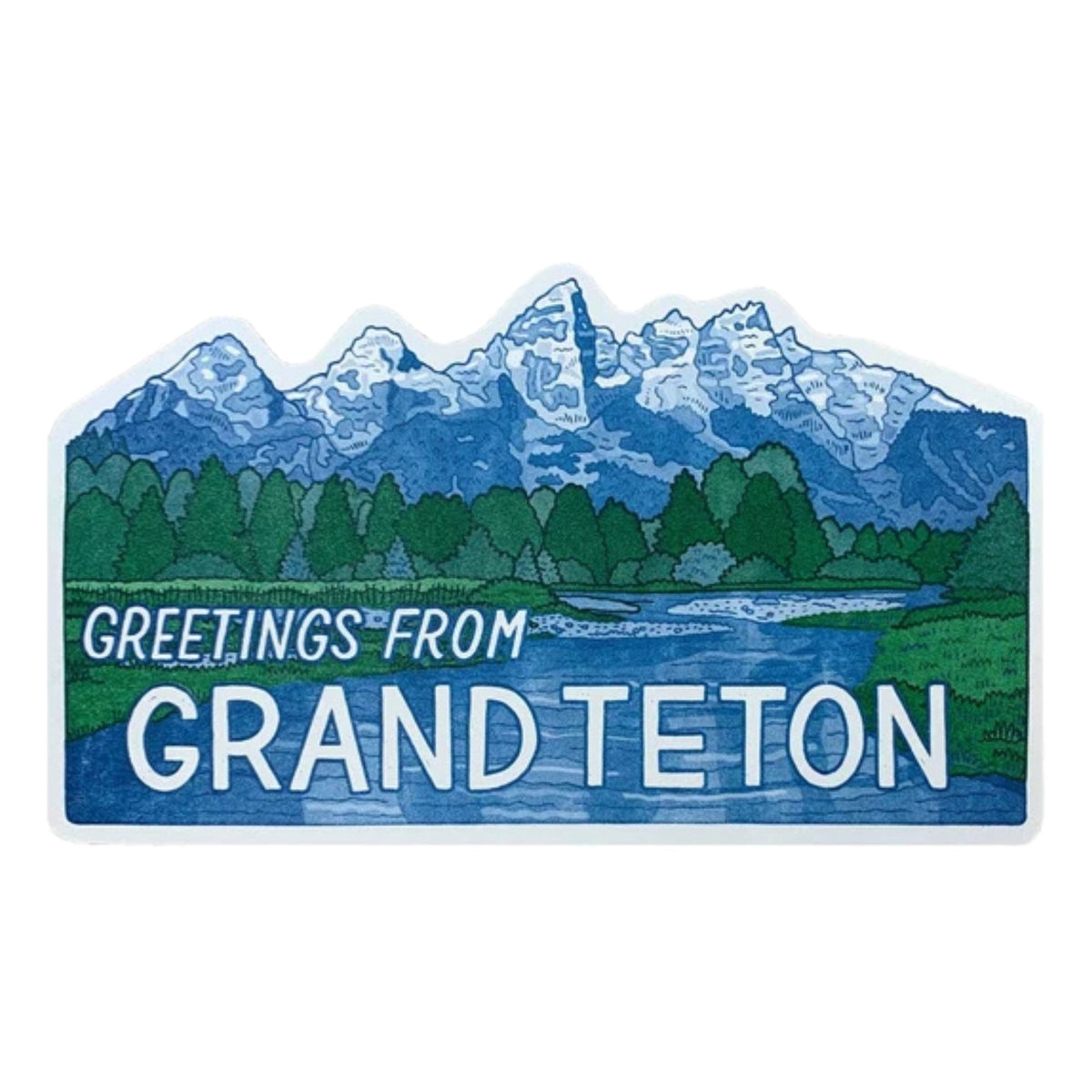 embroidered-style illustration of the Grand Teton mountains, trees, and river, with the text 'GREETINGS FROM GRAND TETON' in white on a blue background.
