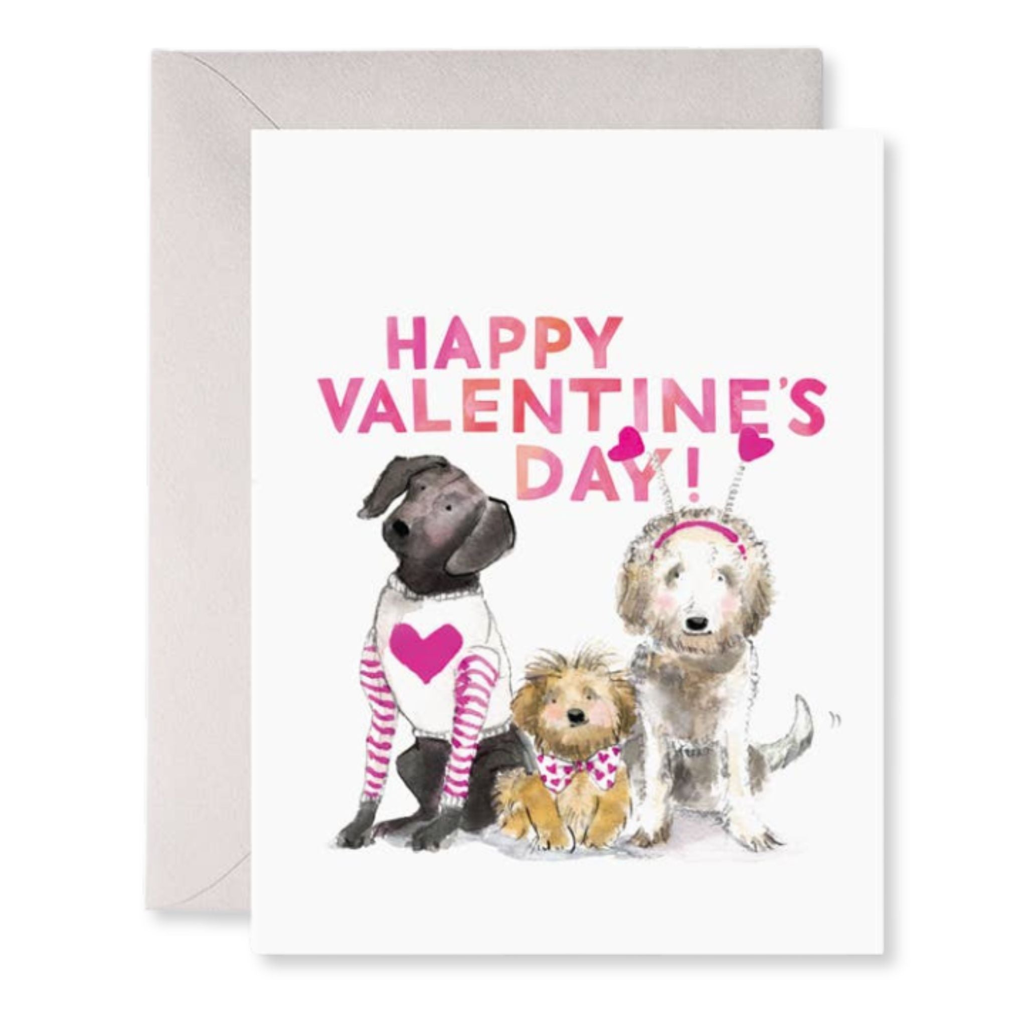 Valentine's Day card with cartoon dogs and 'Happy Valentine's Day!' text on a white background.