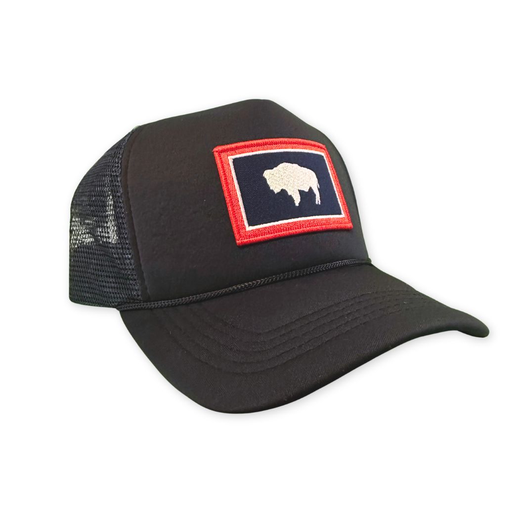Navy Foam Front Trucker Hat with Wyoming State Flag Patch.