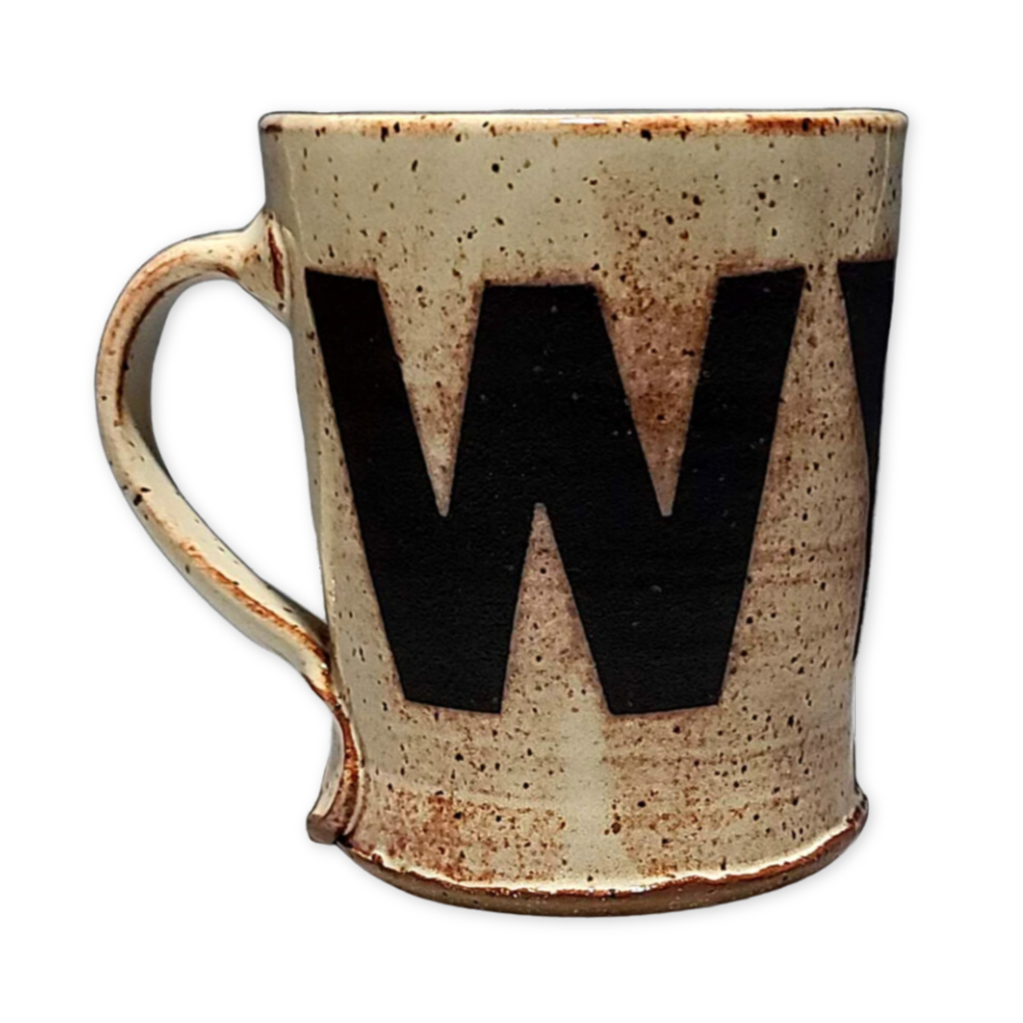 speckled ceramic mug with WYO printed in large letters