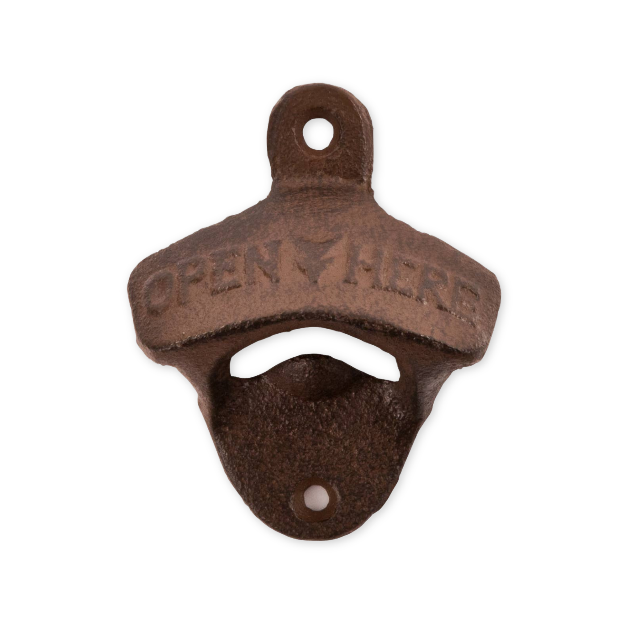 wrought iron bottle opener with the words open here