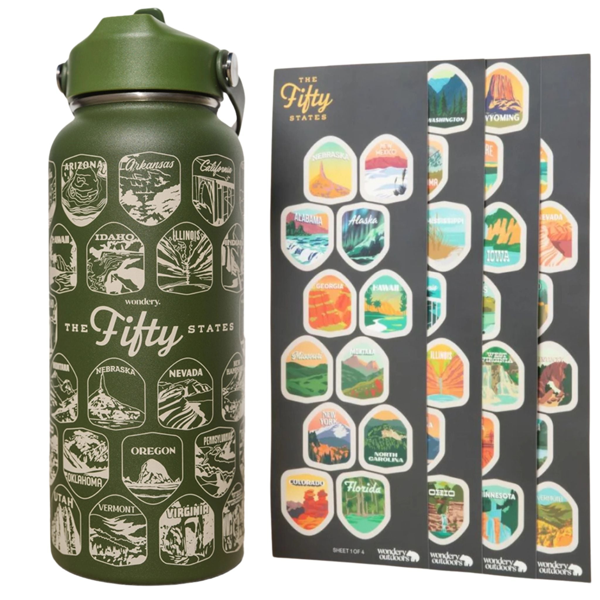 Green water bottle with state icons and a box of matching stickers on a white background