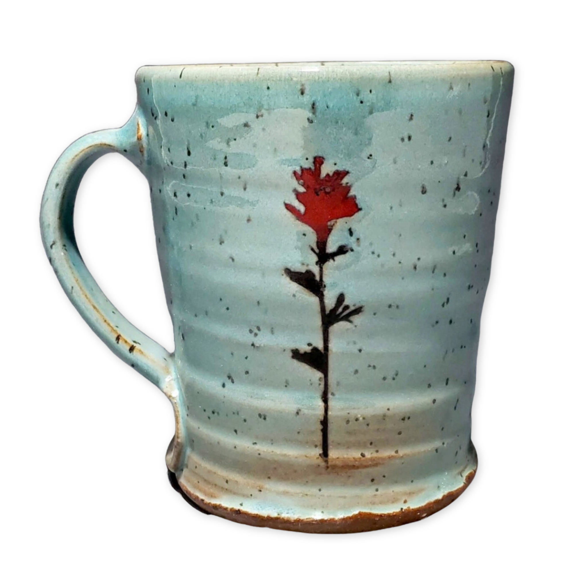 teal ceramic speckled mug with indian paintbrush design