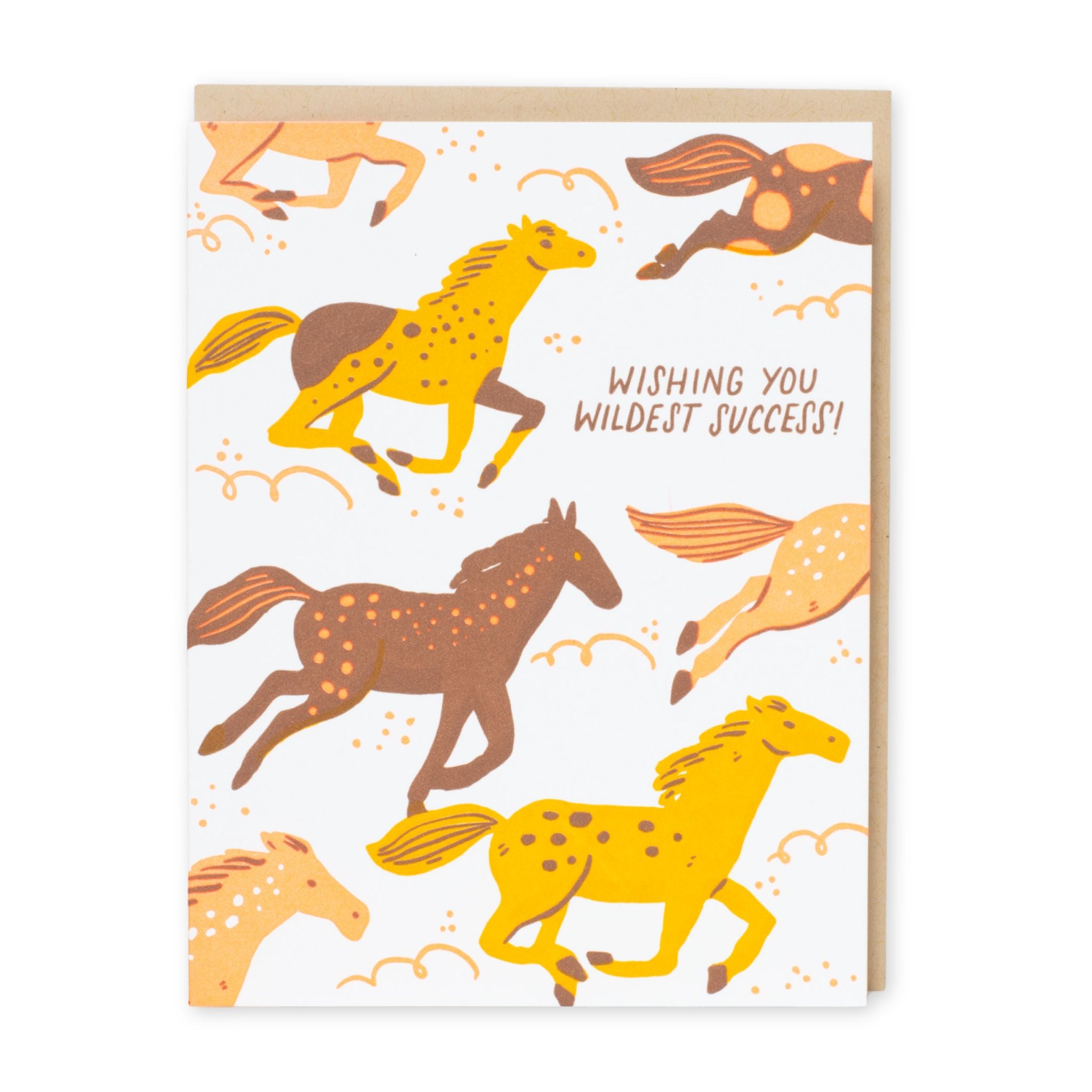 Greeting card with horse illustrations and text 'Wishing you wildest success!' on a white background.