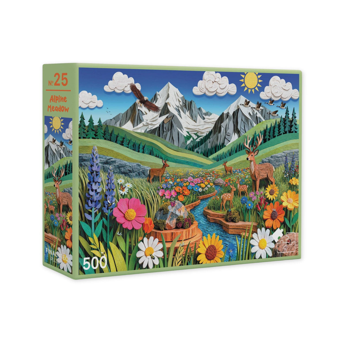 Alpine Meadow 500-piece jigsaw puzzle from Final Piece Puzzles, with deer, wildflowers, a stream and snowy peaks