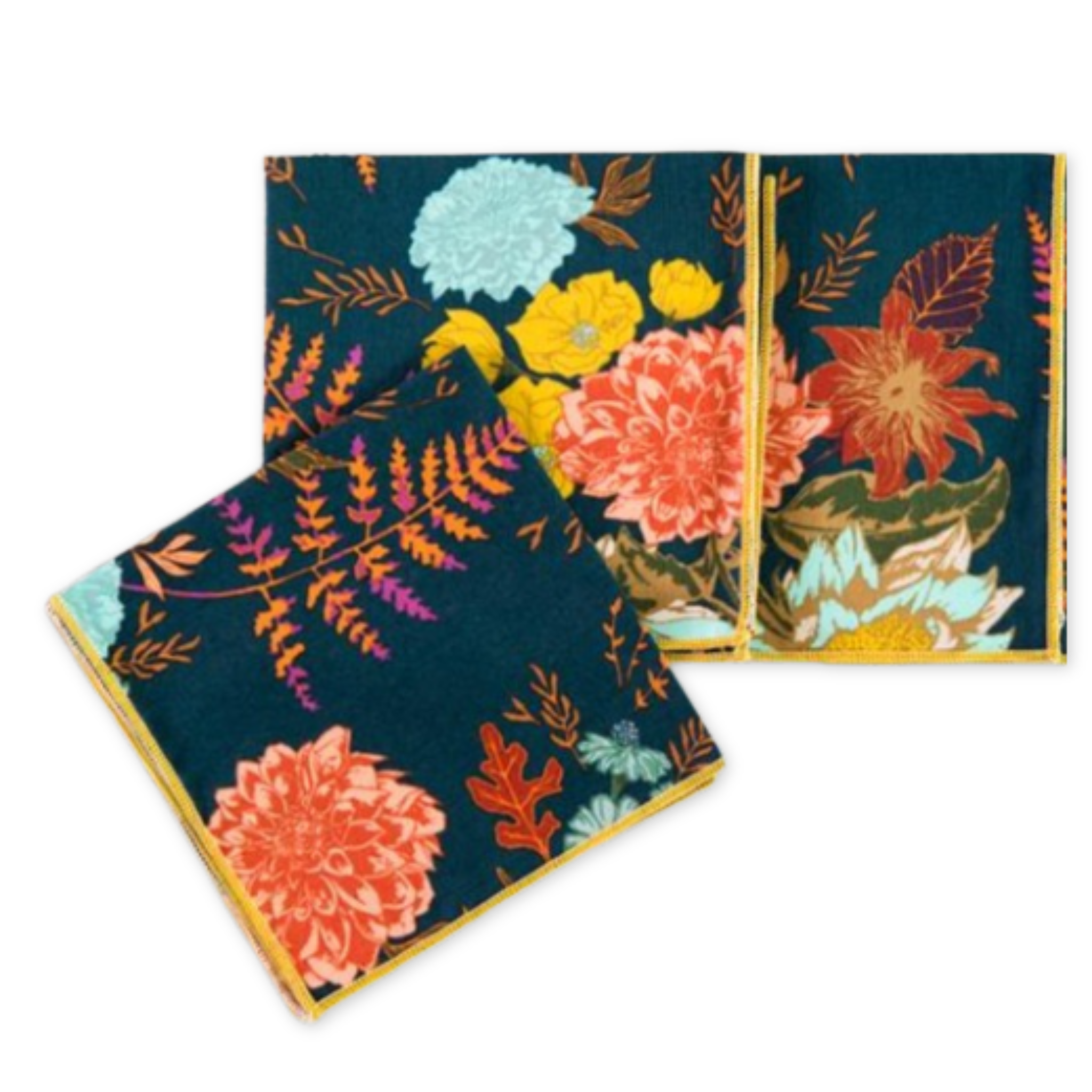 set of four cotton cloth napkins with bright floral patterns on a navy blue back ground and a yellow stitched hem