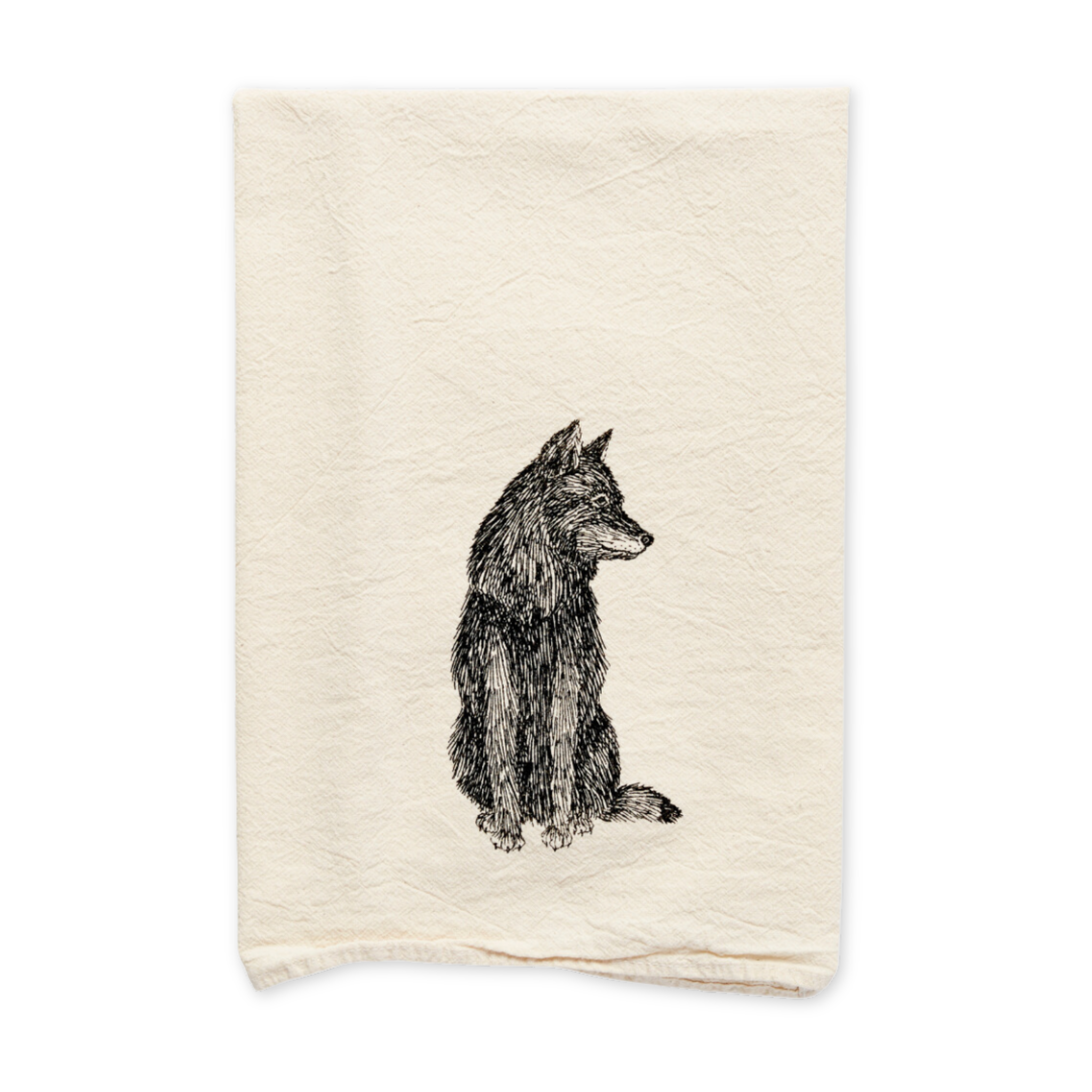 flour sack cotton tea towel featuring a screen printed wolf design 