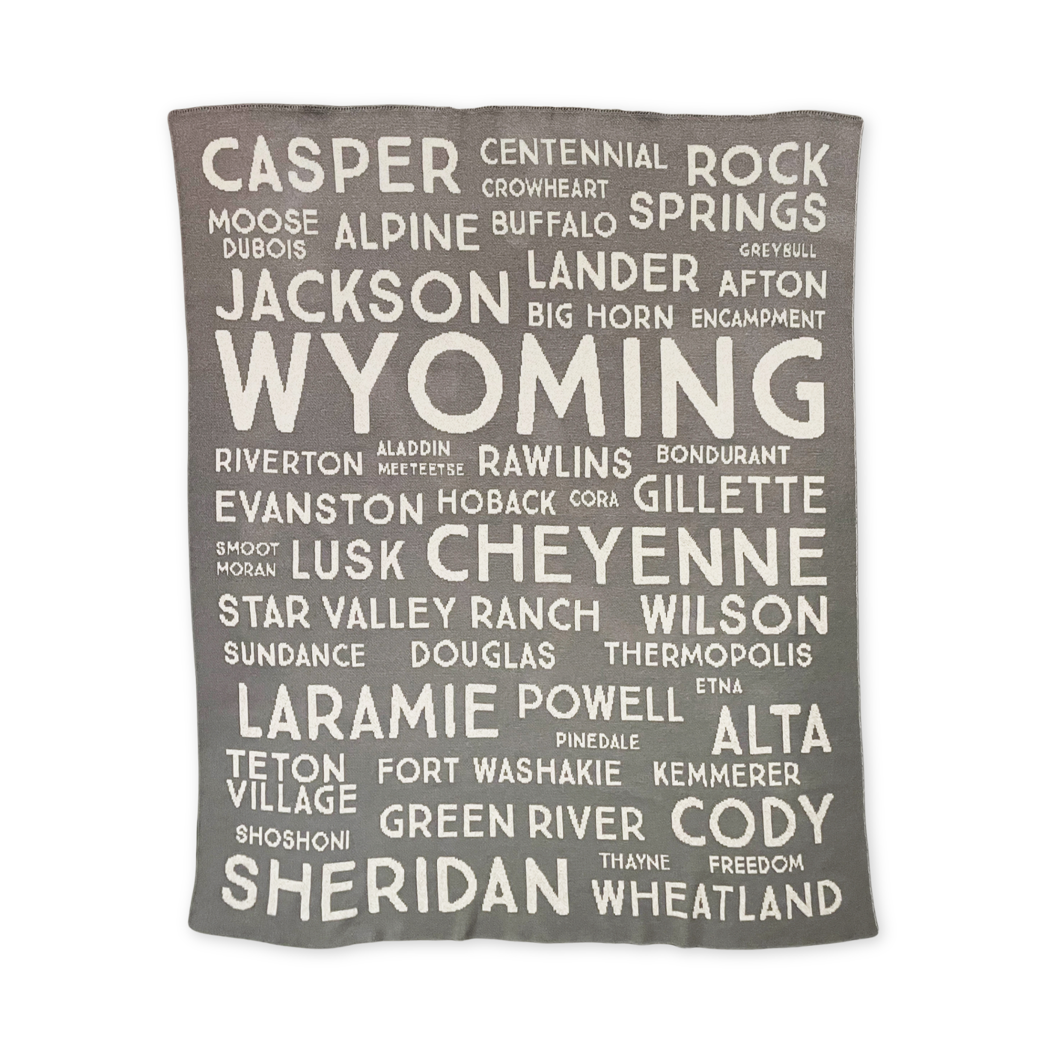 heavy weight cotton blanket with the names of towns and cities in wyoming