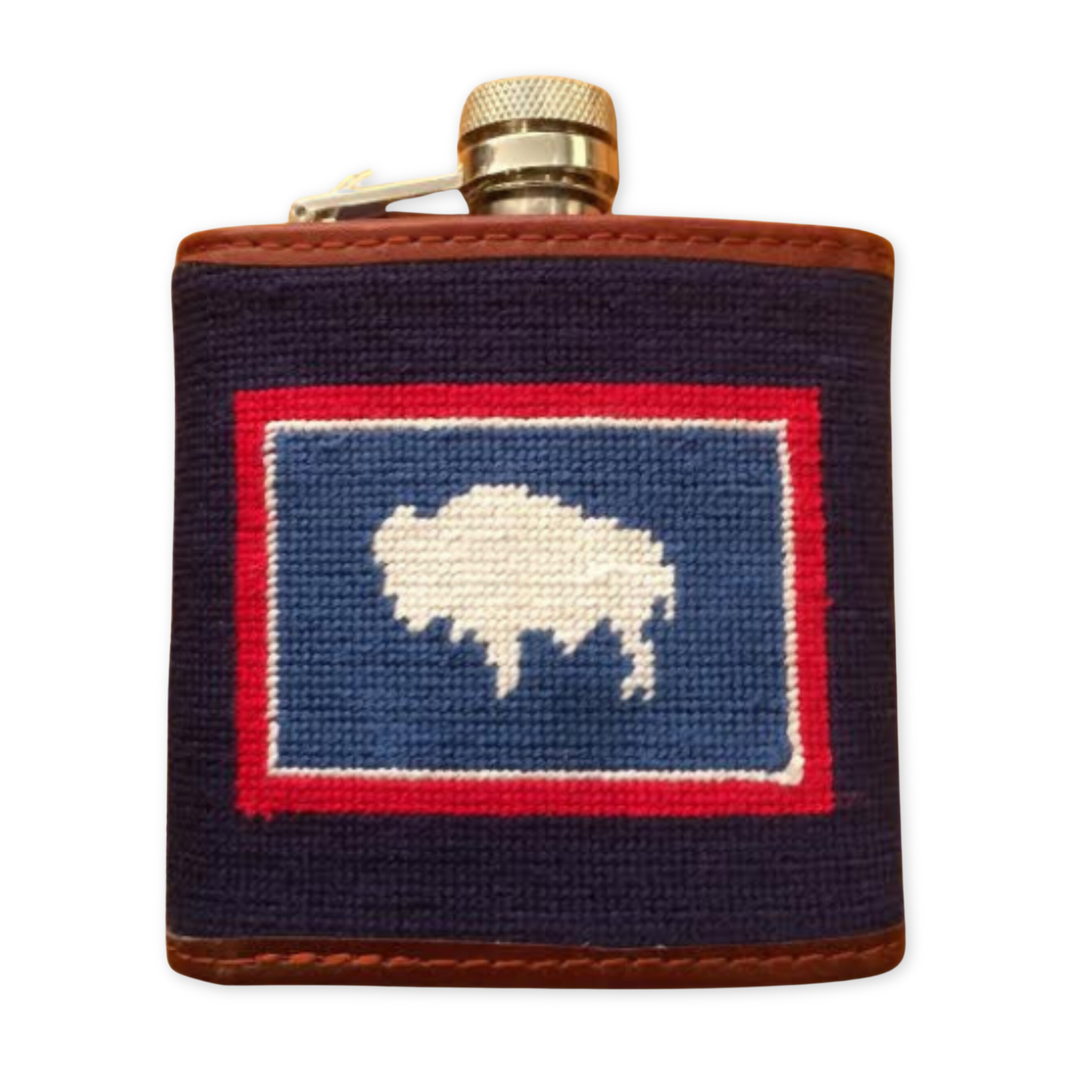 hand stitched needlepoint flask with wyoming flag design