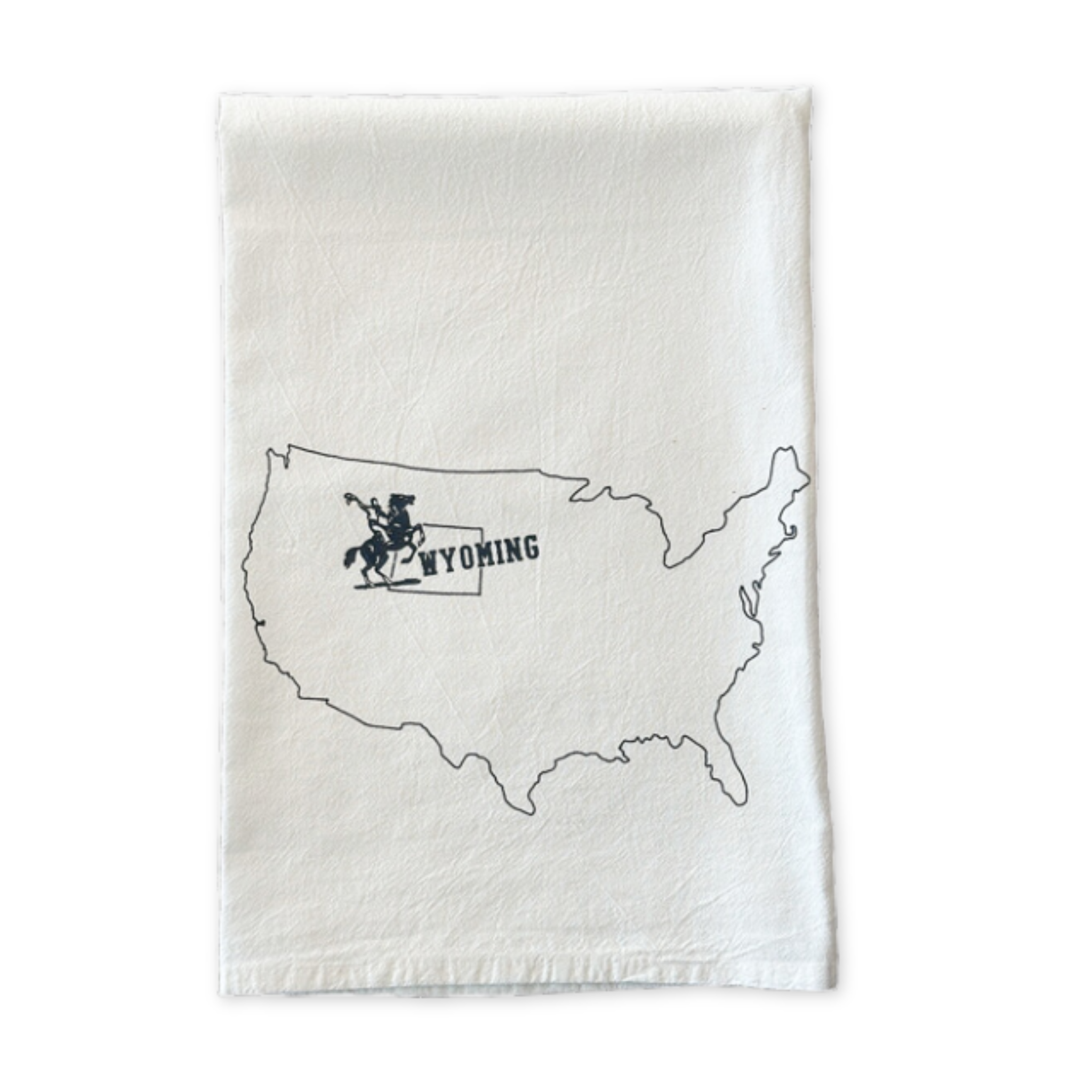 flour sack cotton tea towel featuring a map of the us with wyoming outlined and an image of a cowboy on a horse