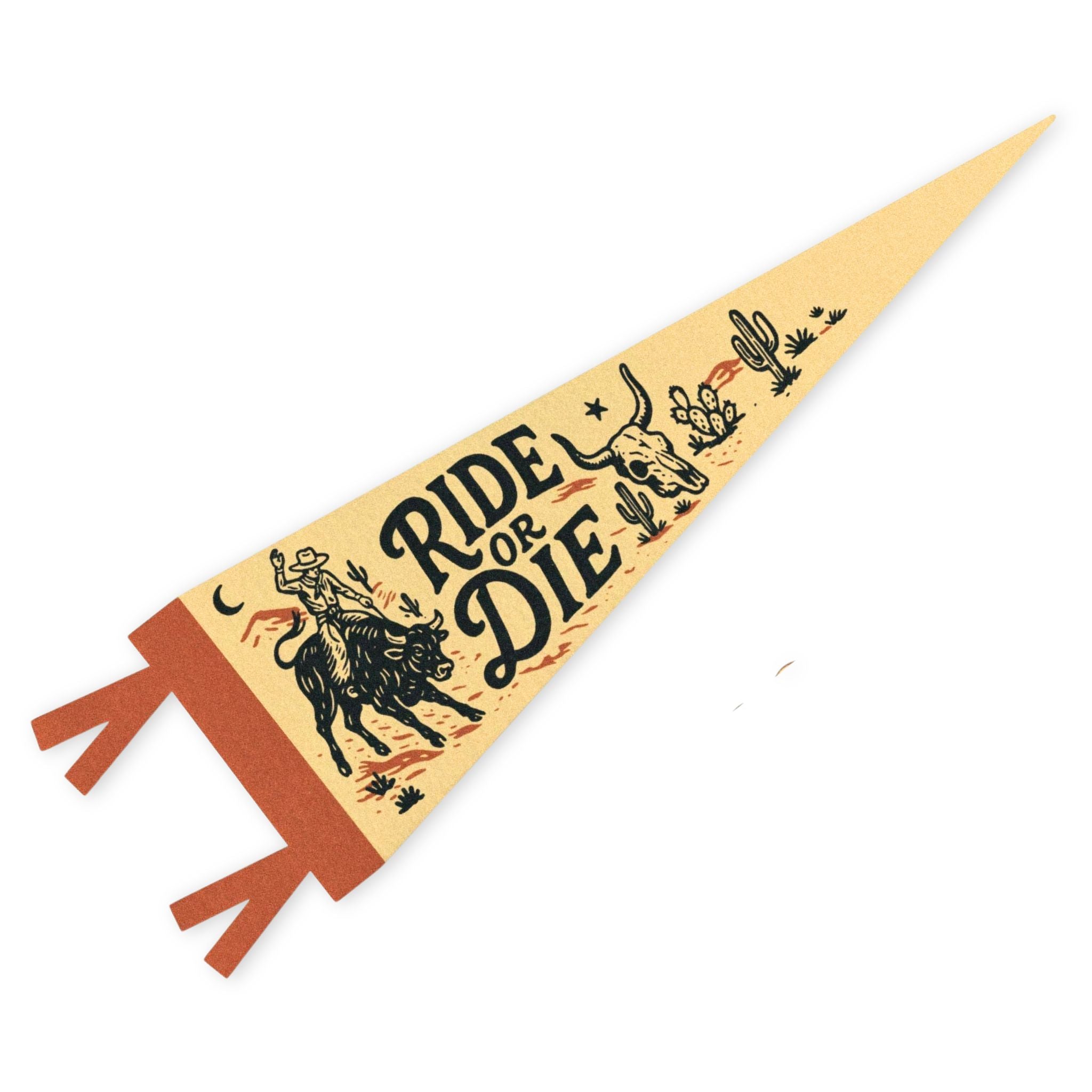 Pennant with 'Ride or Die' text and bull graphics on a beige background