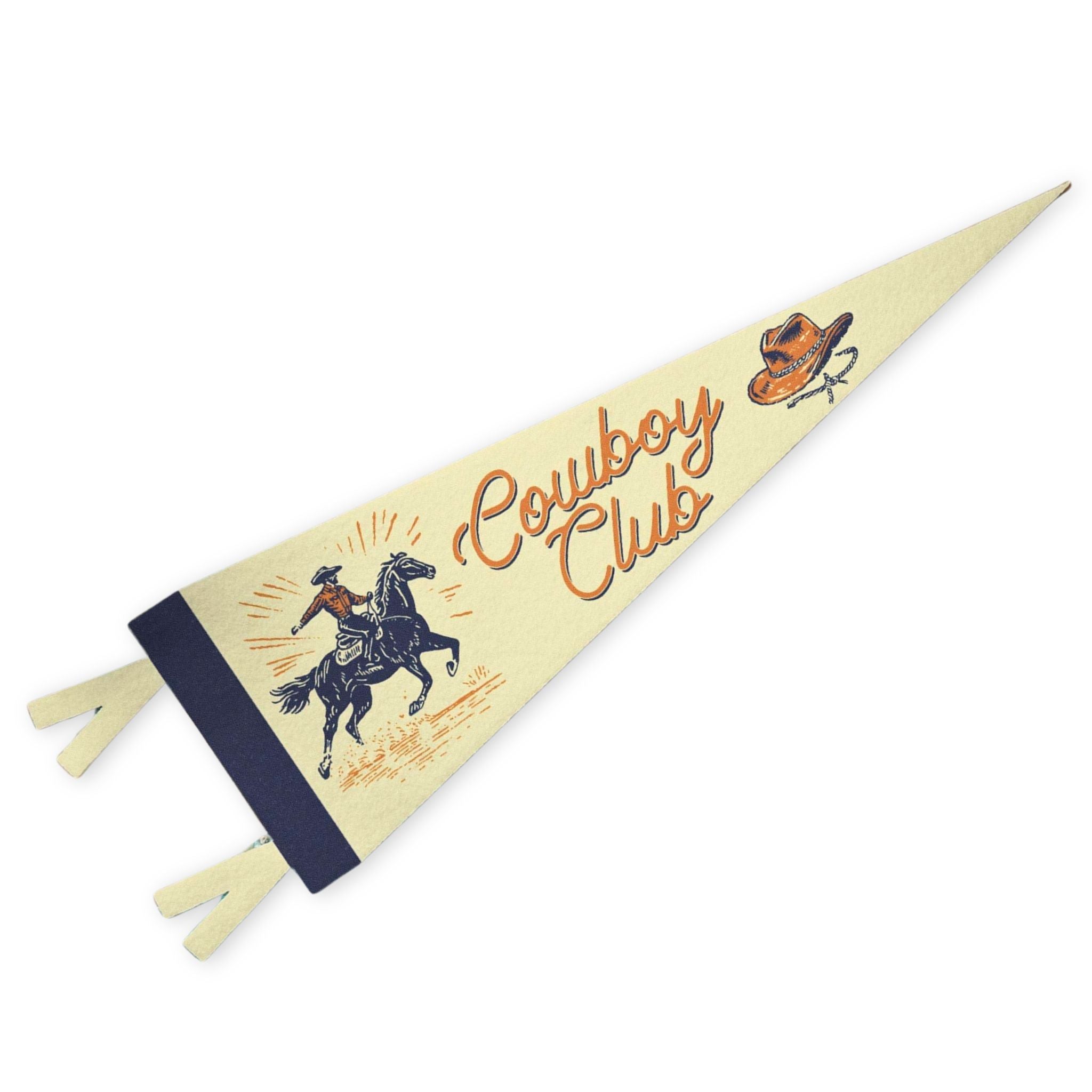 Cowboy Club-themed pennant with illustrations of a cowboy and horse on a beige background