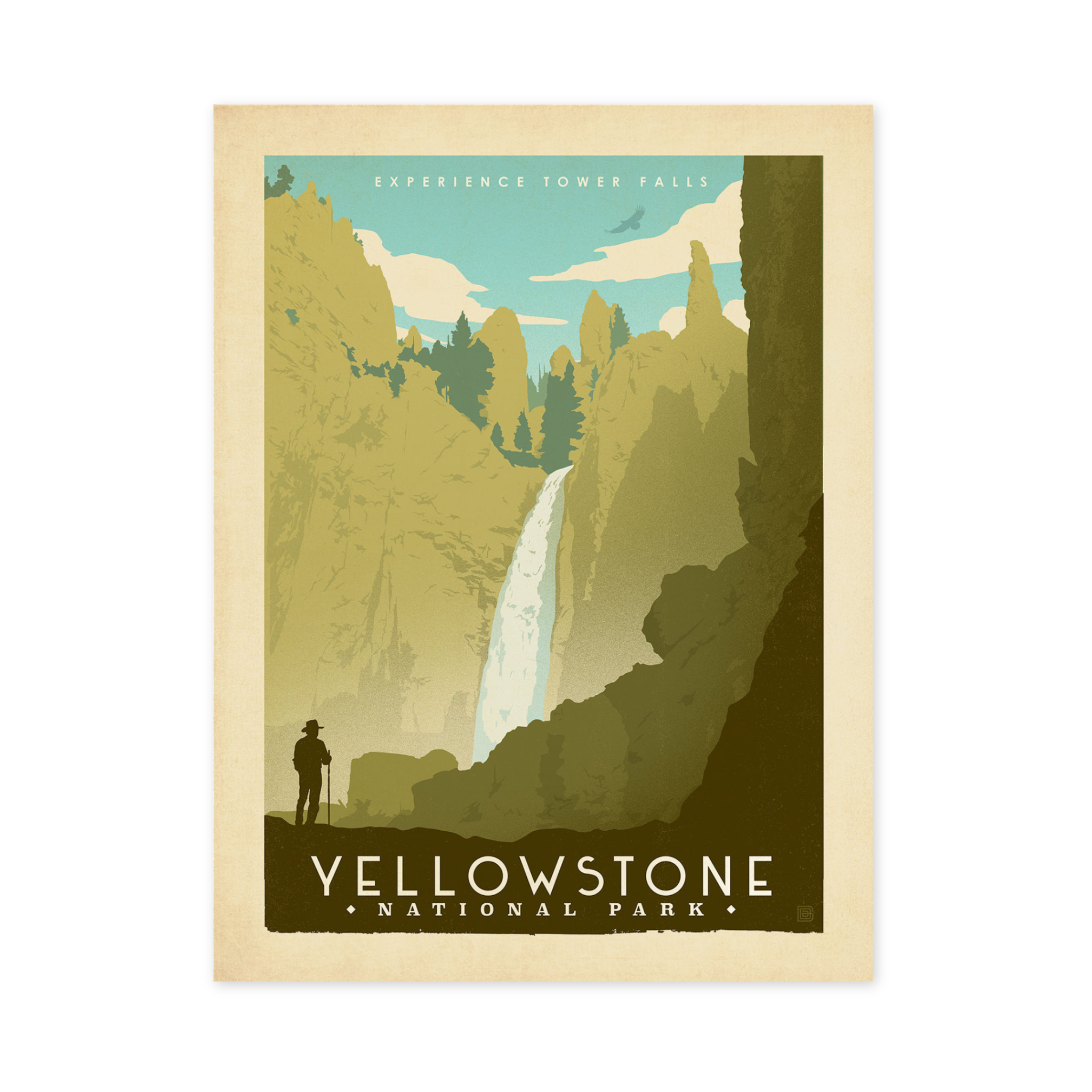 print with yellowstone falls and a hiker with yellowstone national park printed on the bottom