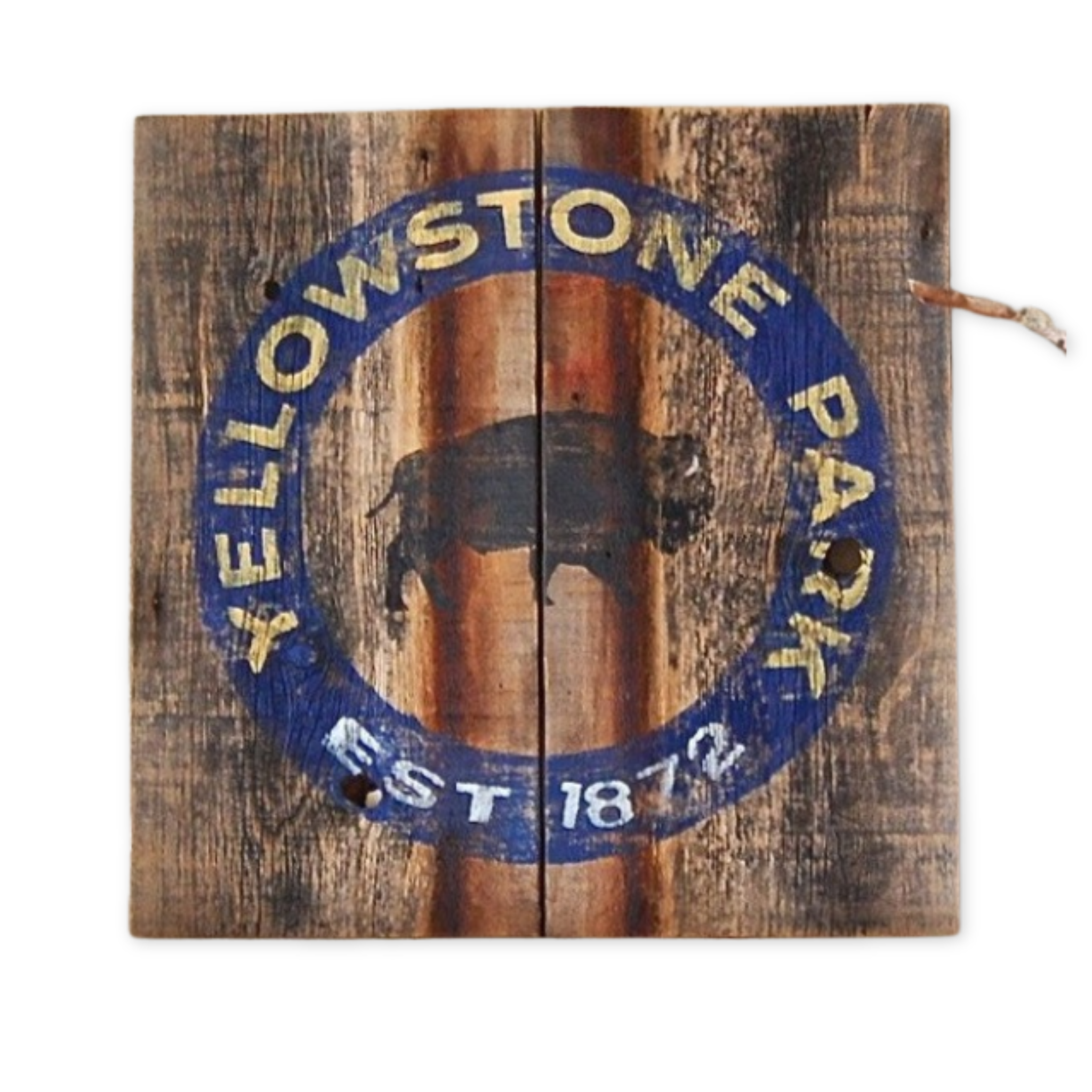 rustic wooden sign with an image of a bison and the words yellowstone national park printed on it