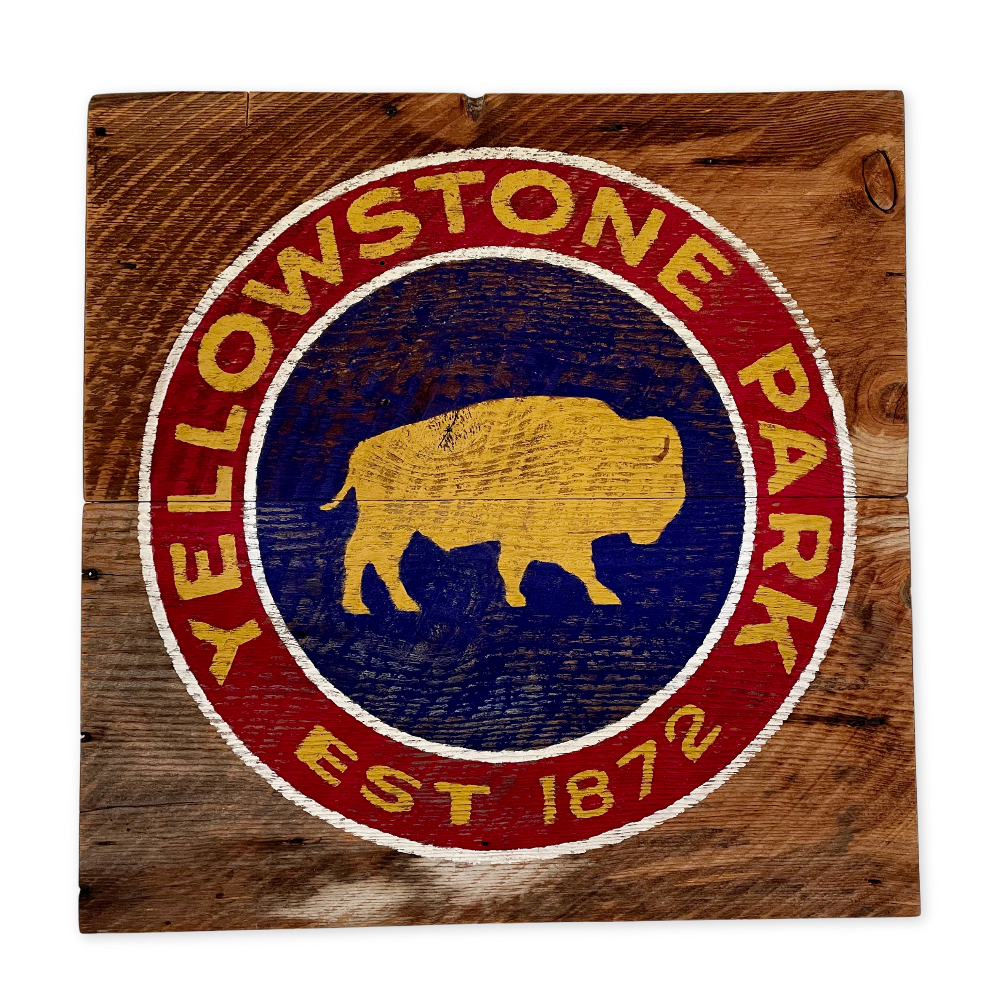 rustic wooden sign with an image of a bison and the words yellowstone park printed on it