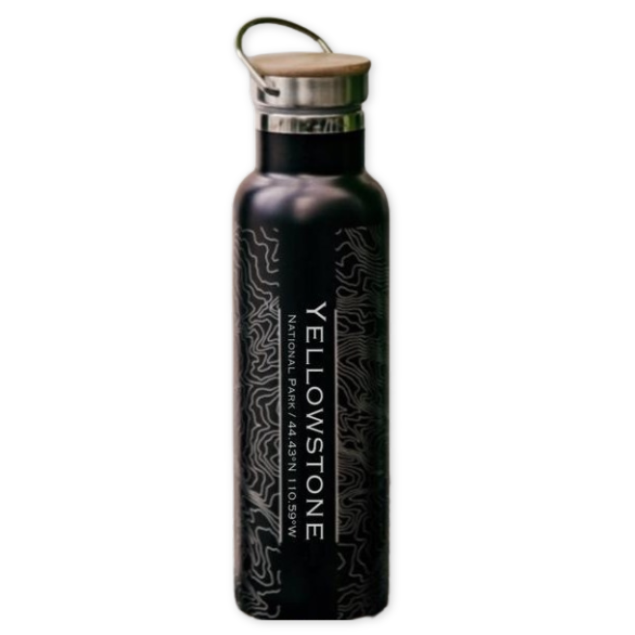 insulated water bottle with an engraved map of yellowstone national park