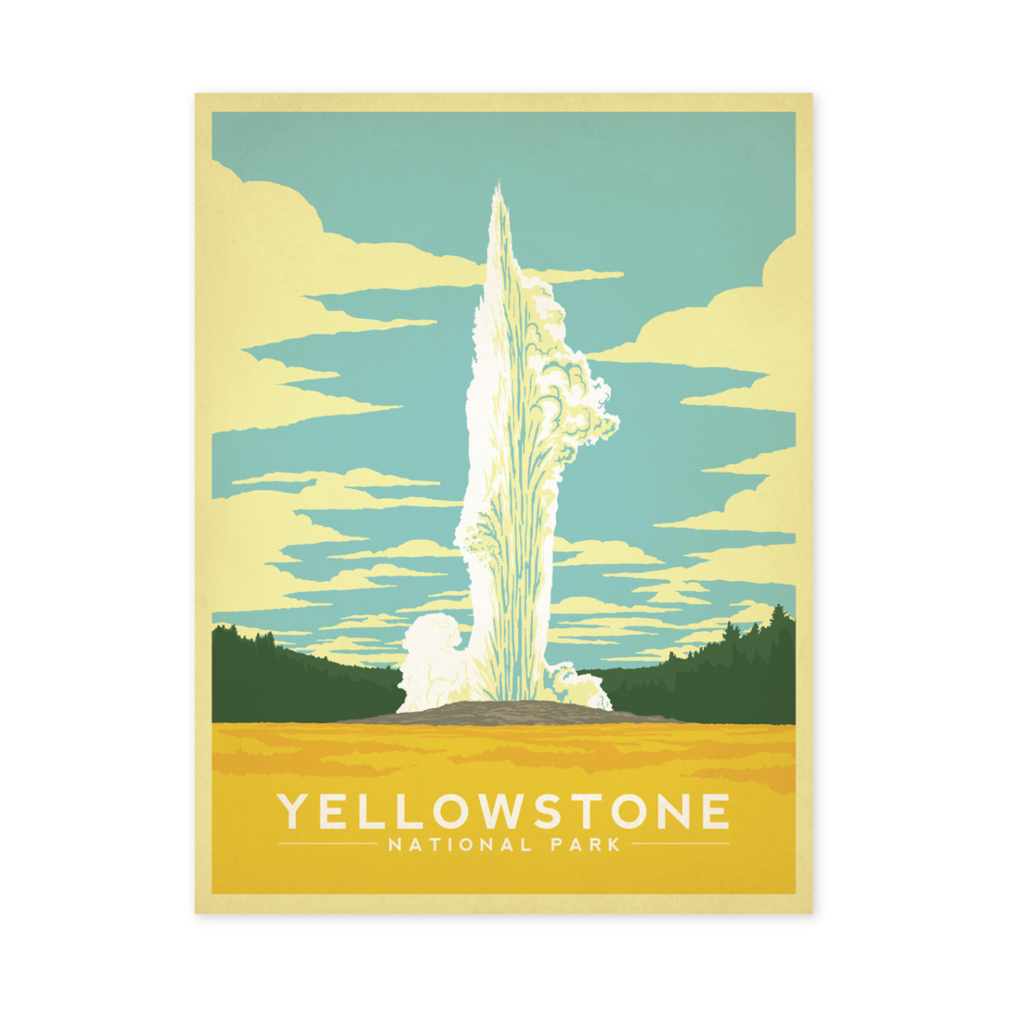 print of old faithful geyser erupting with yellow stone national park printed on the bottom