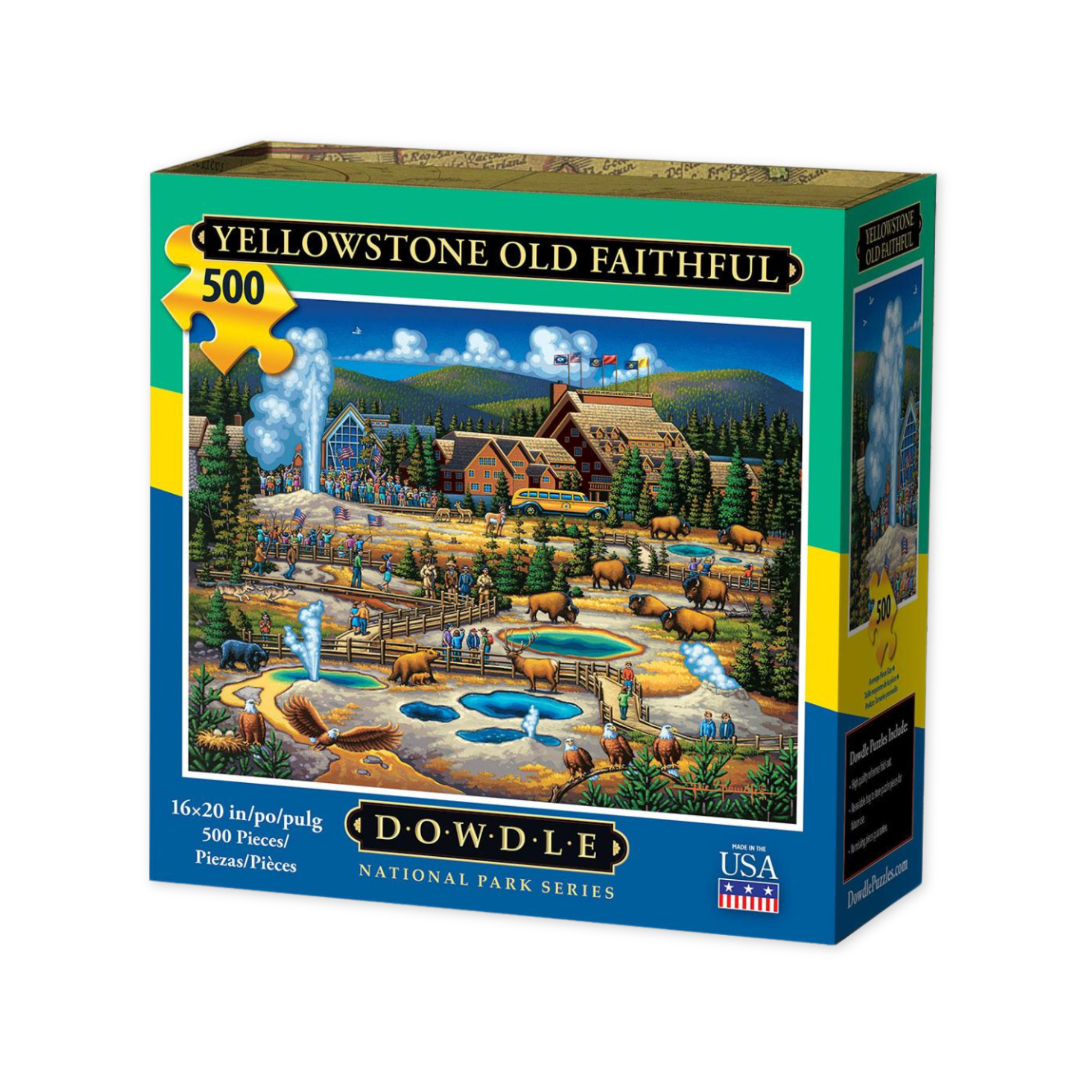 five hundred piece puzzle featuring an image of the old faithful lodge and wildlife in yellowstone national park