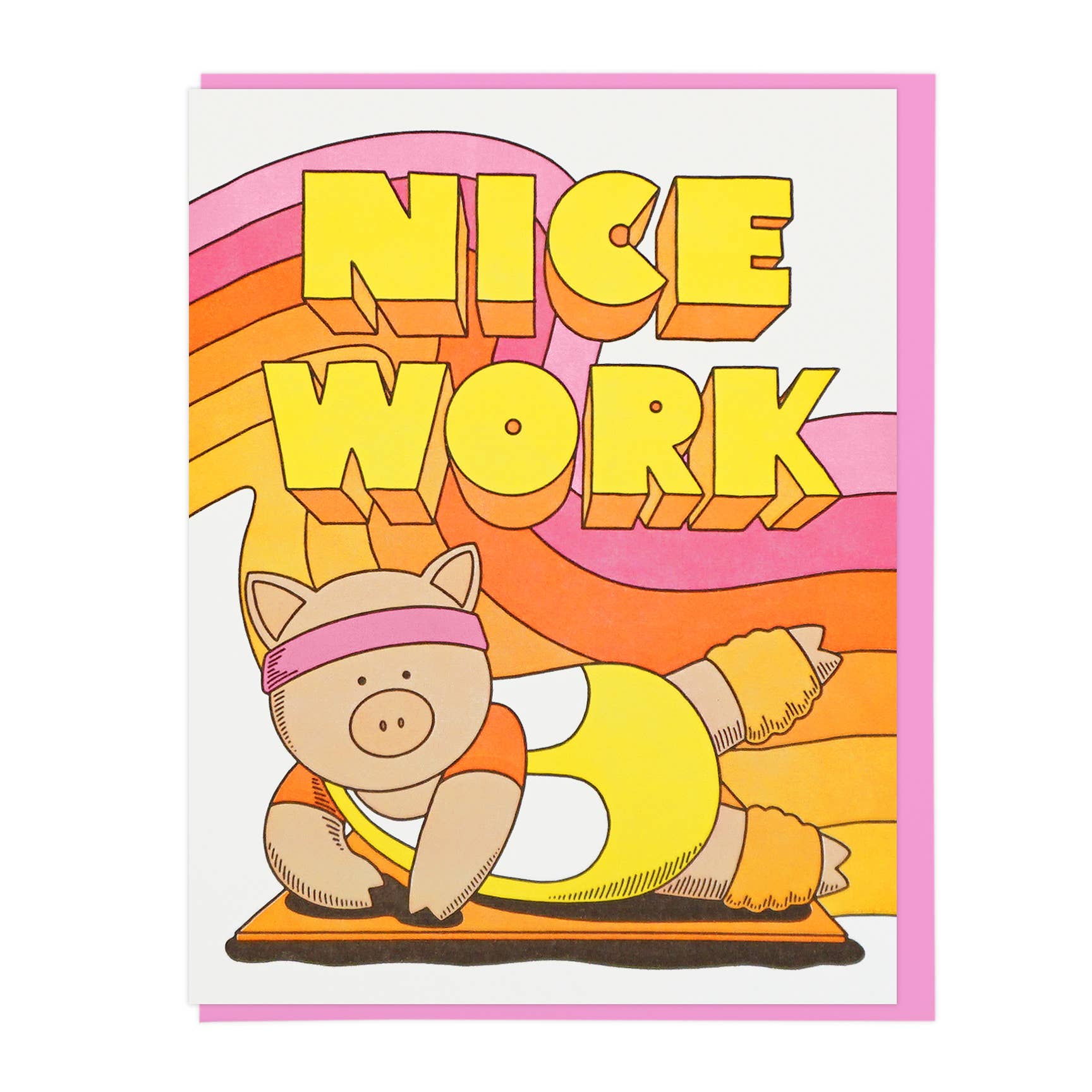 Card with a cartoon pig doing yoga, wearing a headband and orange top, on a colorful background with 'Nice Work' text.