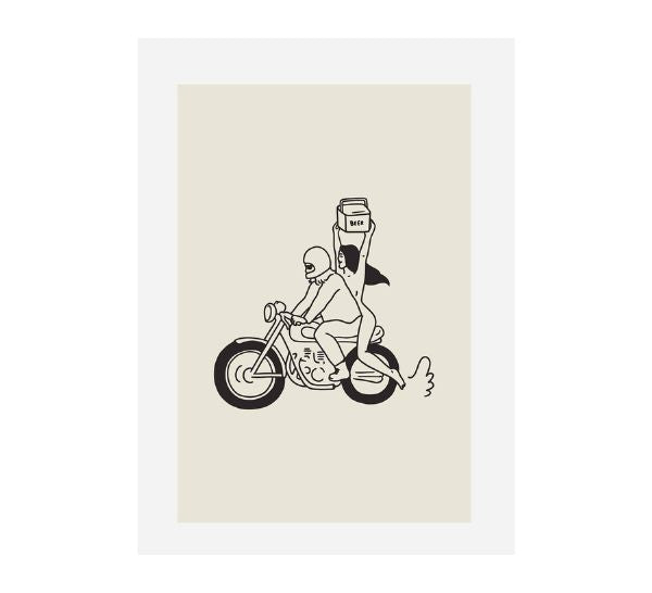Illustration of two people on a motorcycle with one holding a coffee cup, on a beige background.