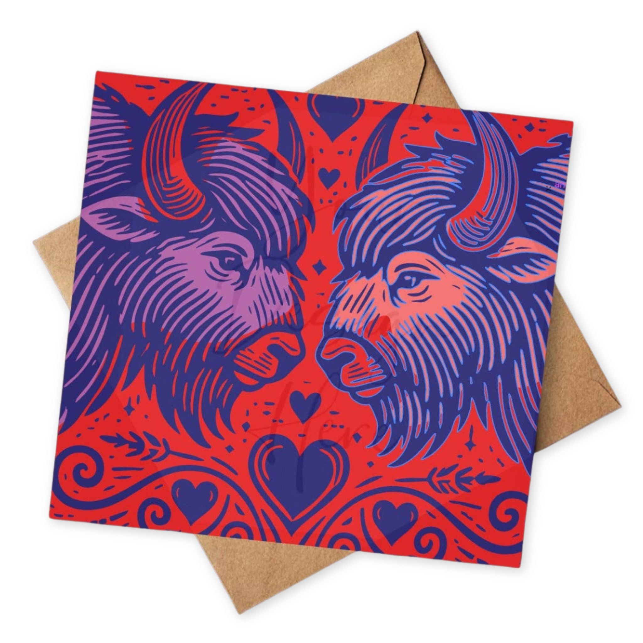 awesome, square red card with two bison