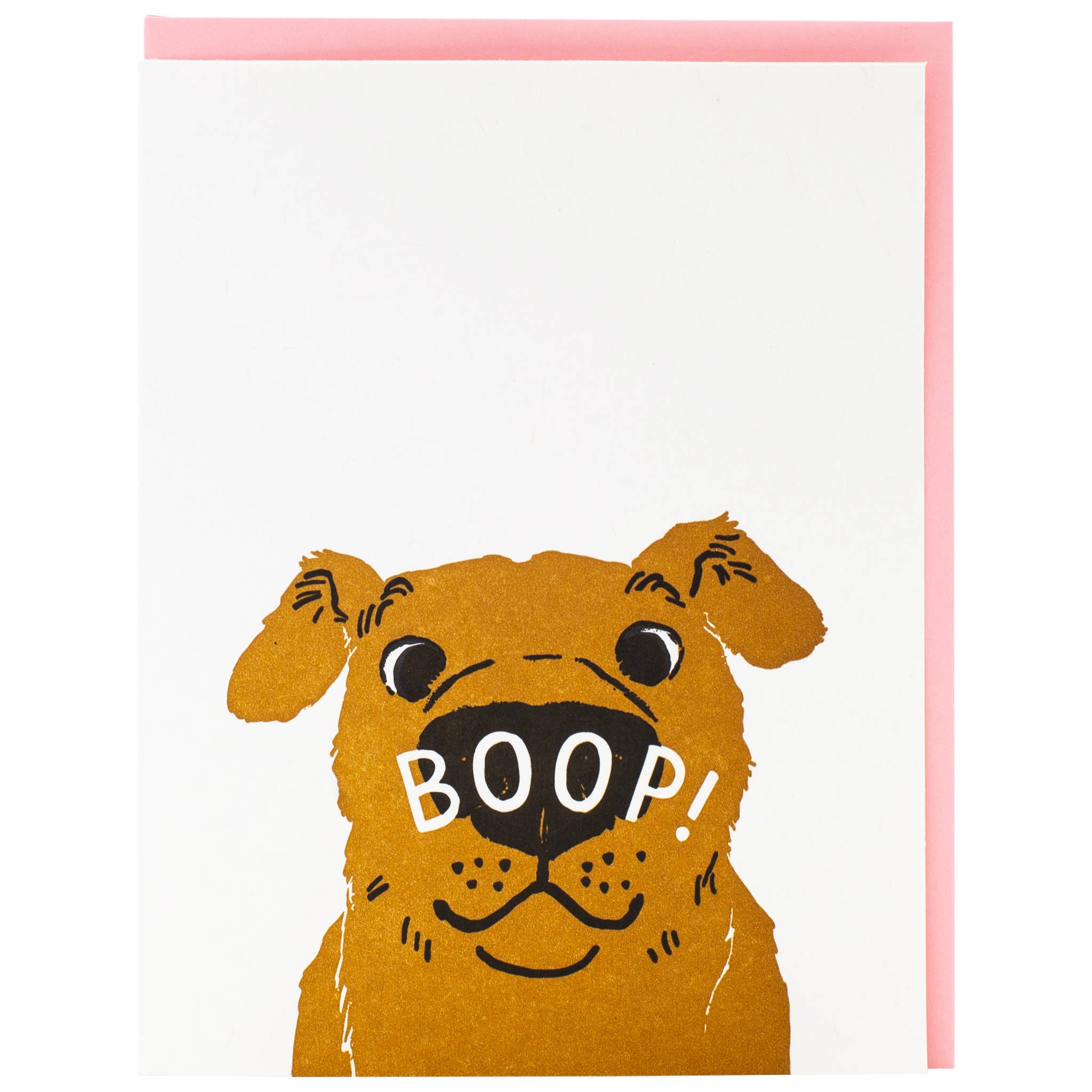 Card with a dog illustration and 'BOOP!' text on a white background