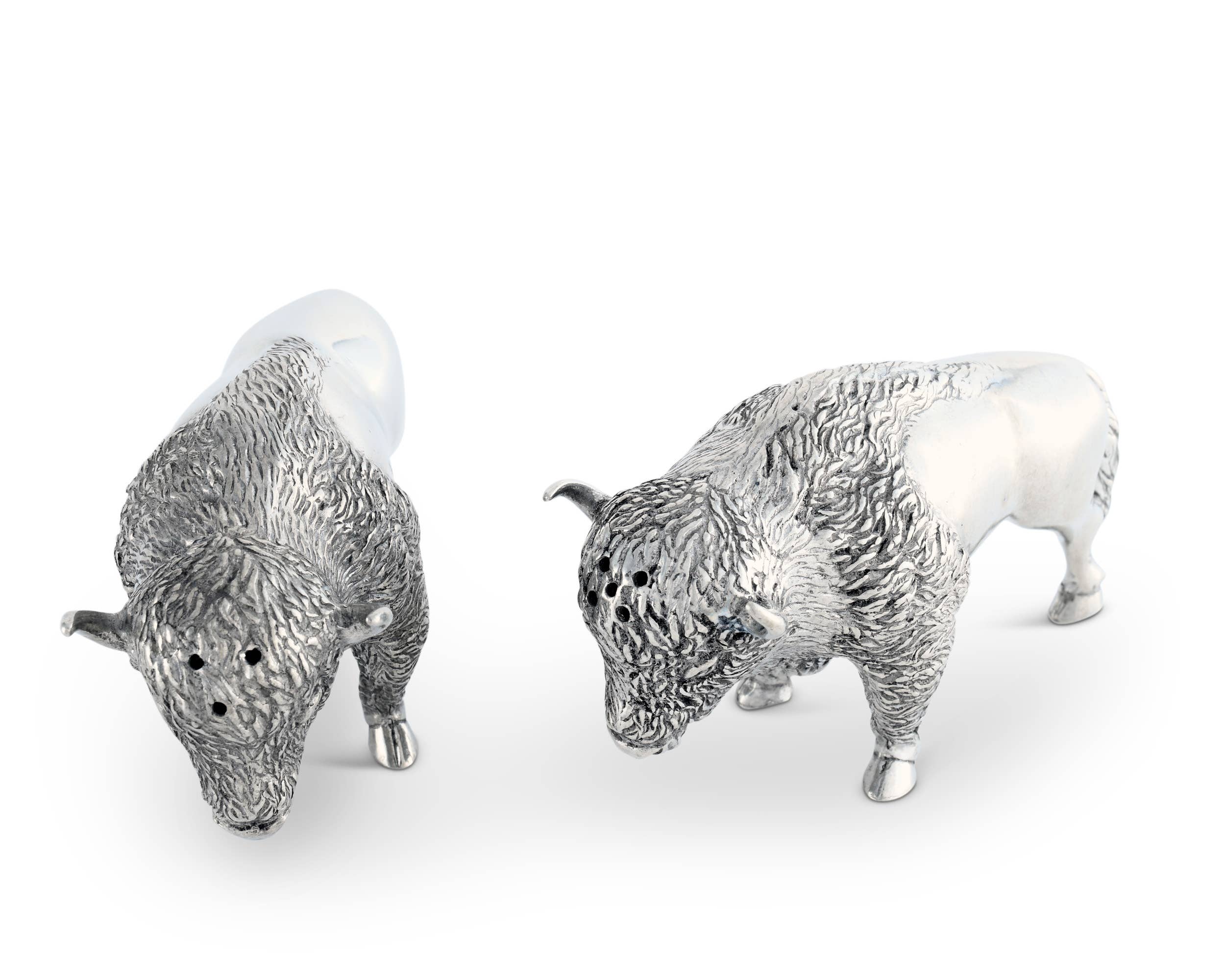 Silver bison-shaped salt and pepper shakers on a white background