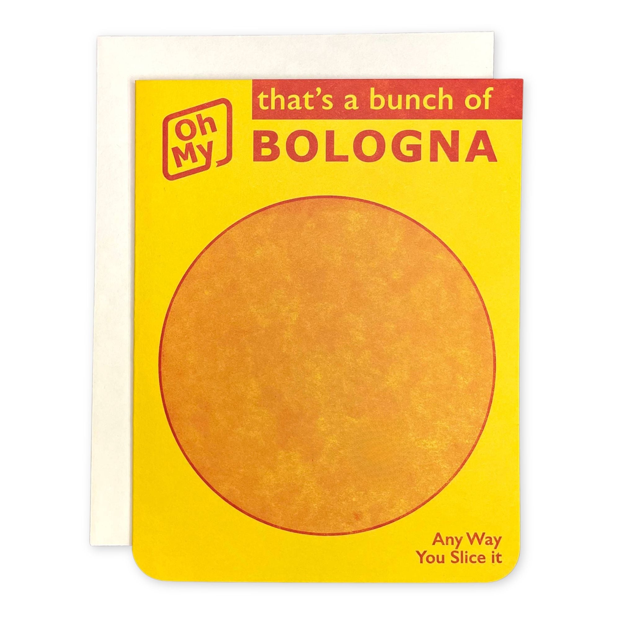 Card with a round piece of Bologna and text on a yellow background
