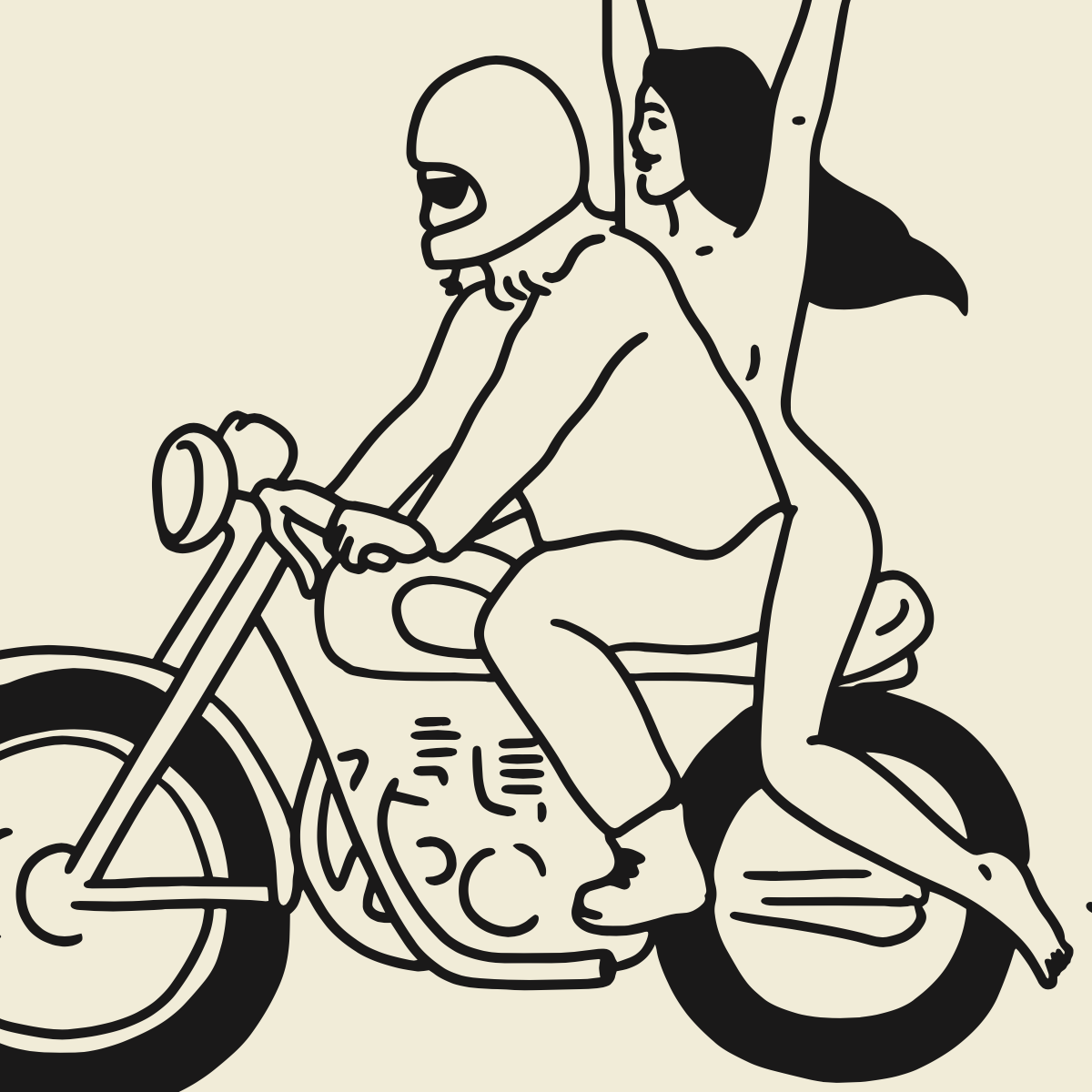 Illustration of a person riding a motorcycle with a passenger on a beige background