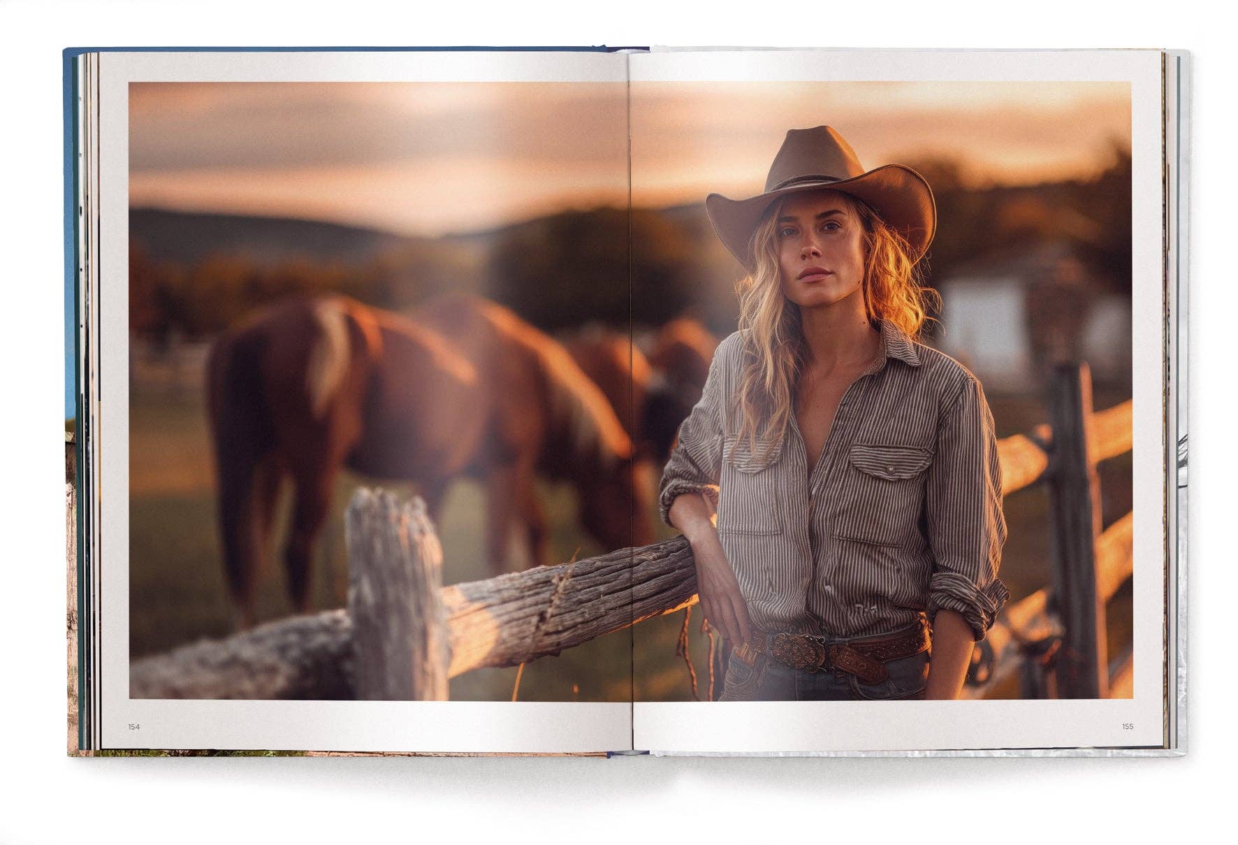 Woman in a cowboy hat standing next to horses in a field at sunset.