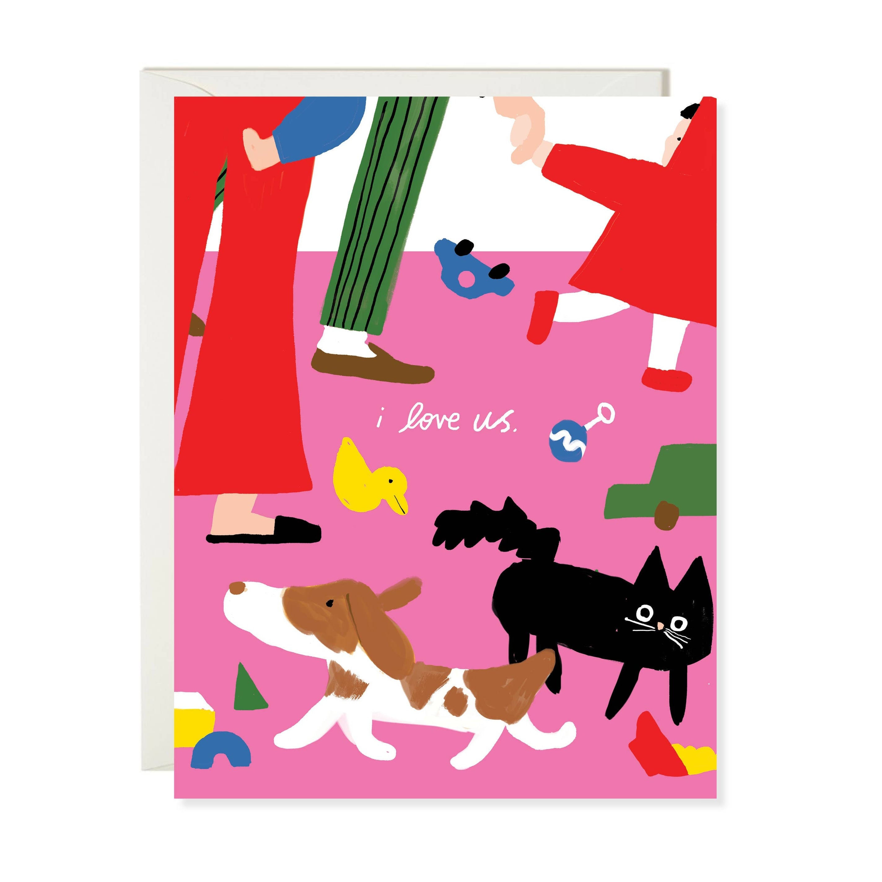Greeting card with illustrations of people and pets on a pink background