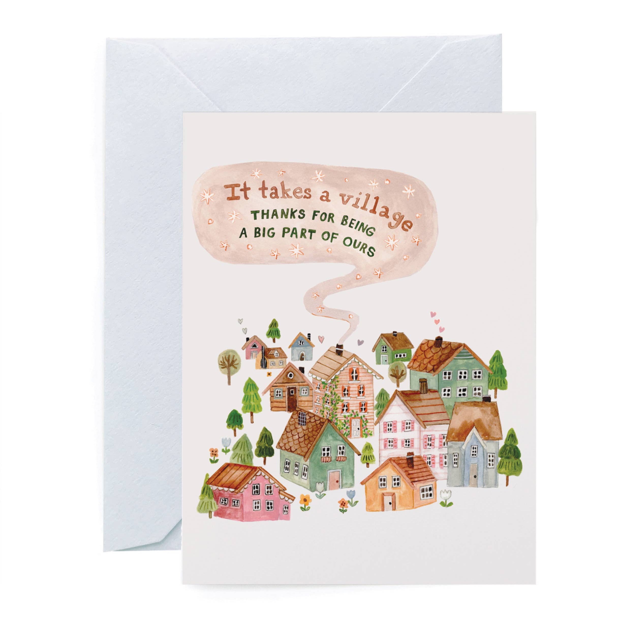Greeting card with illustration of a village and text 'It takes a village. Thanks for being a big part of ours.'