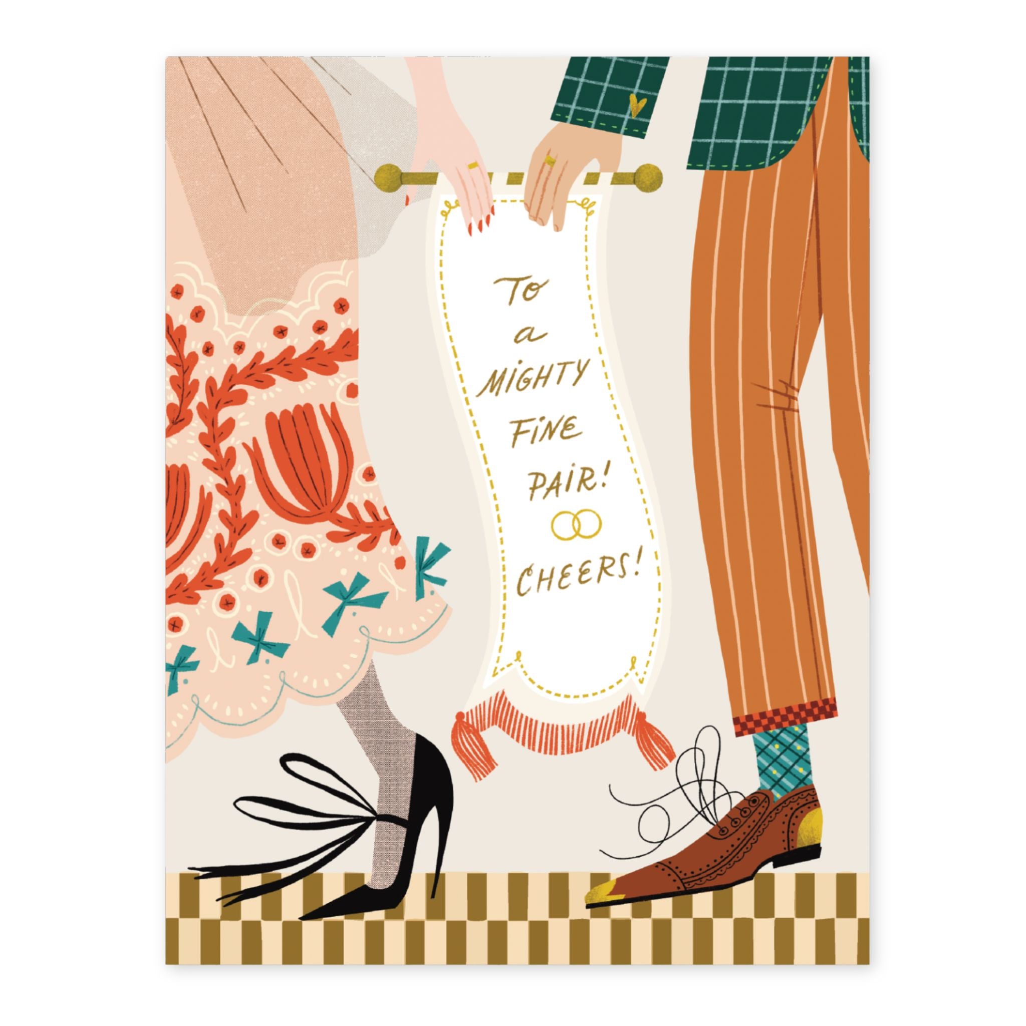 Illustration of a couple holding hands with text 'To a Mighty Fine Pair! Cheers!' on a white background.