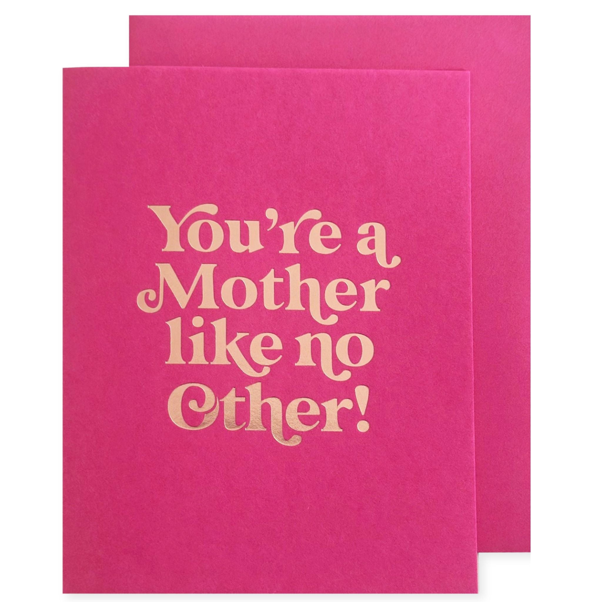 pink card and envelope with gold text on a white background