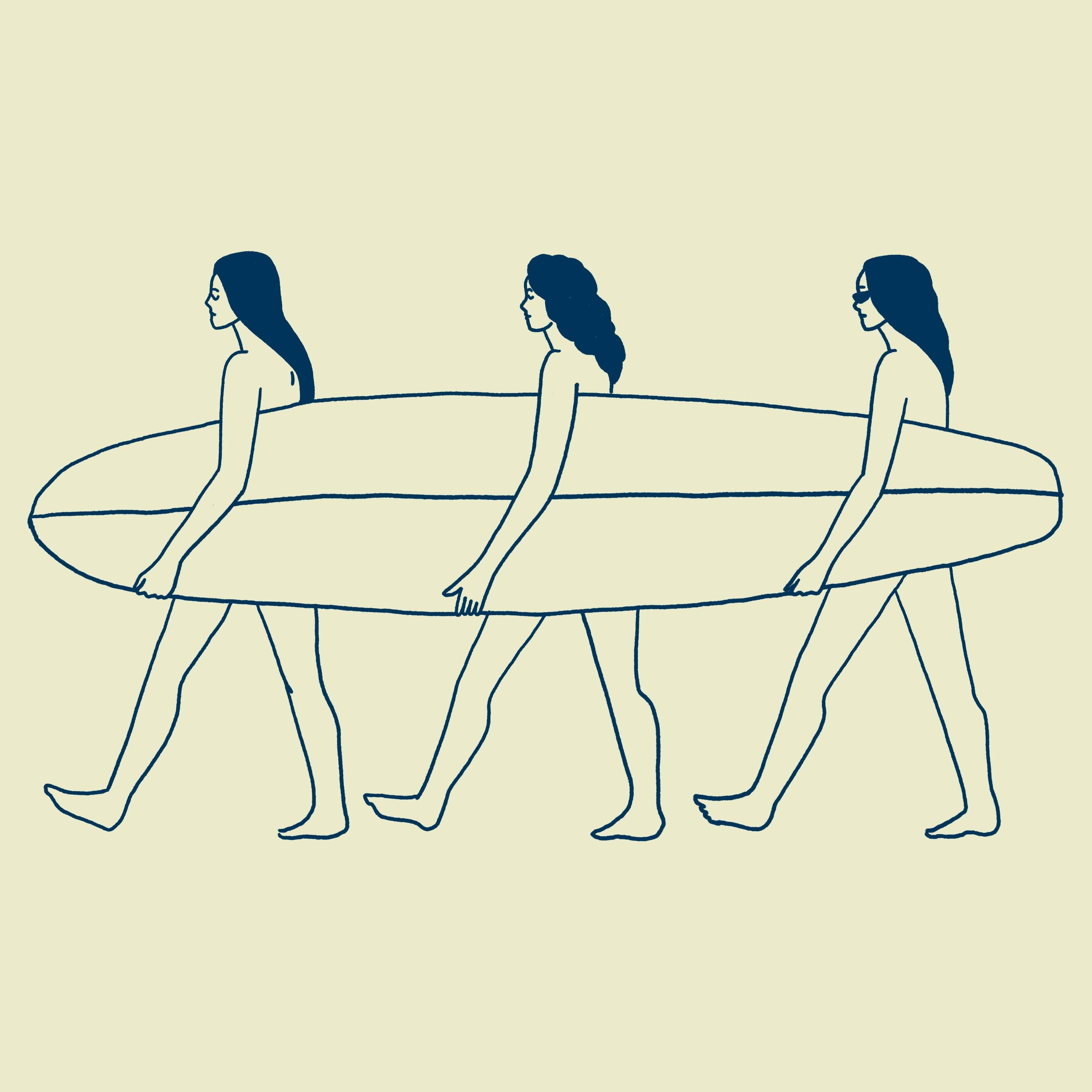 Three women walking with a surfboard on a beige background