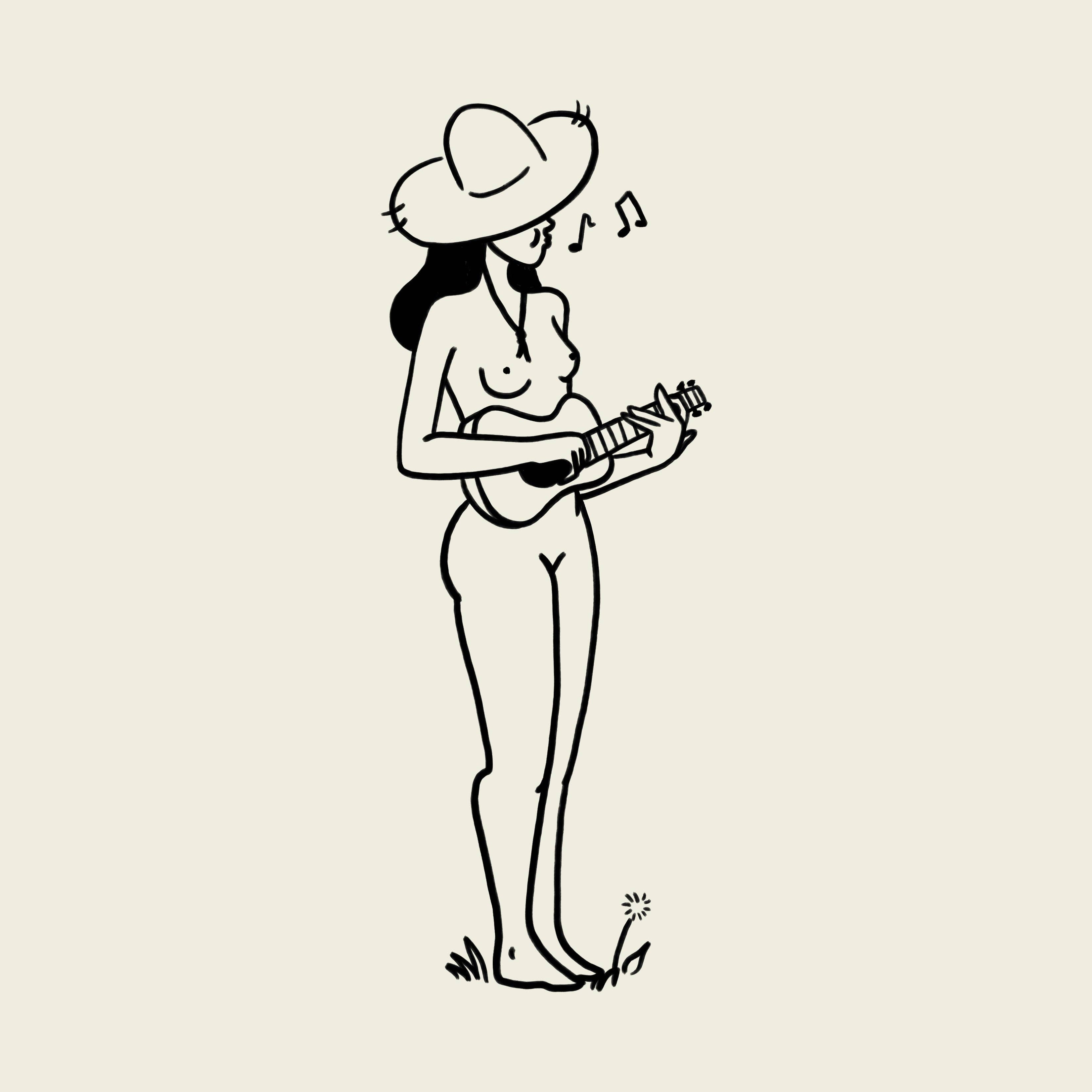 Black and white illustration of a woman playing a ukulele on a beige background